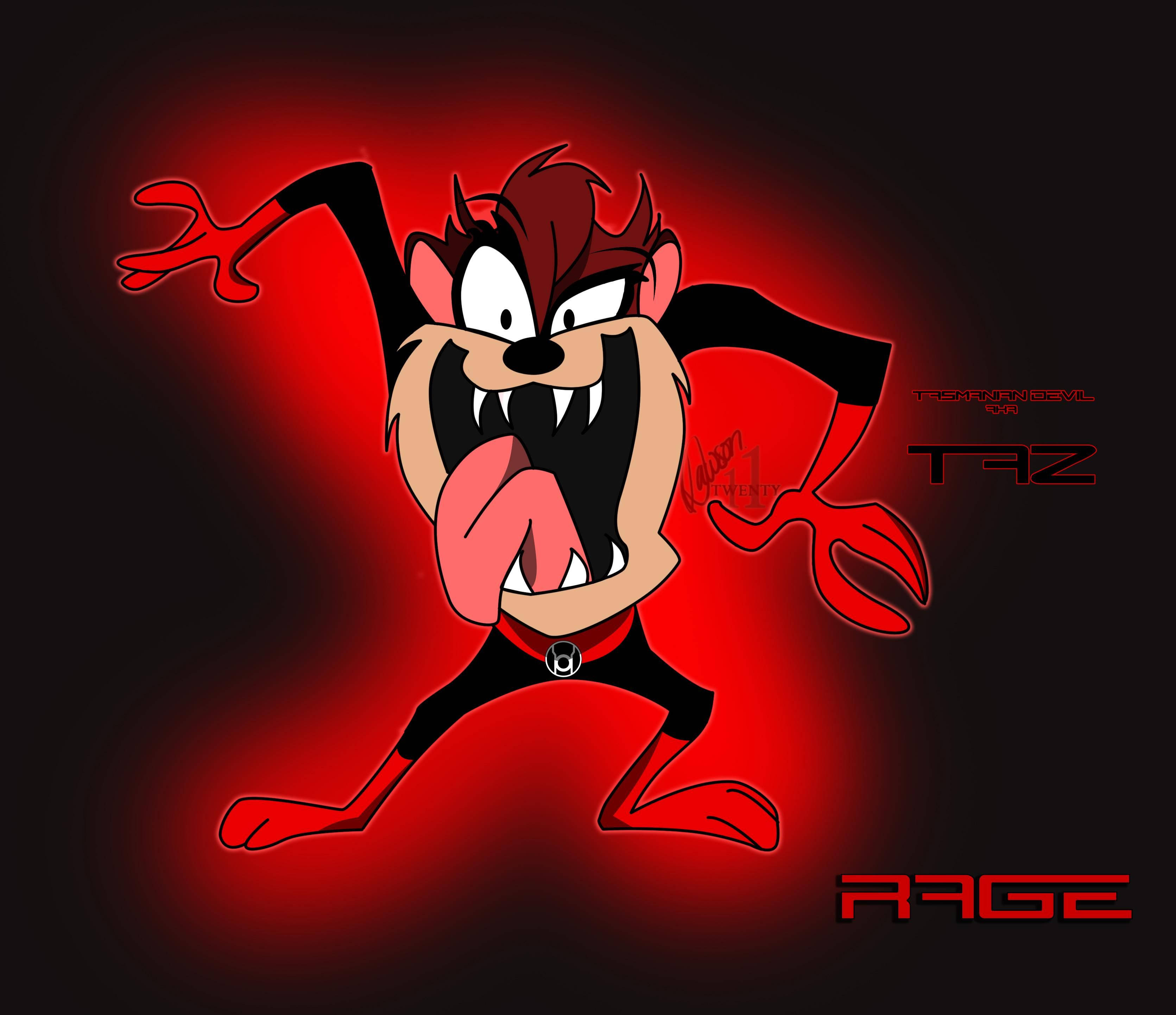 tasmanian devil 桌布 壁紙 — 塔斯馬尼亞惡魔塔斯在發光的紅色背景下憤怒咆哮的動態卡通插圖。