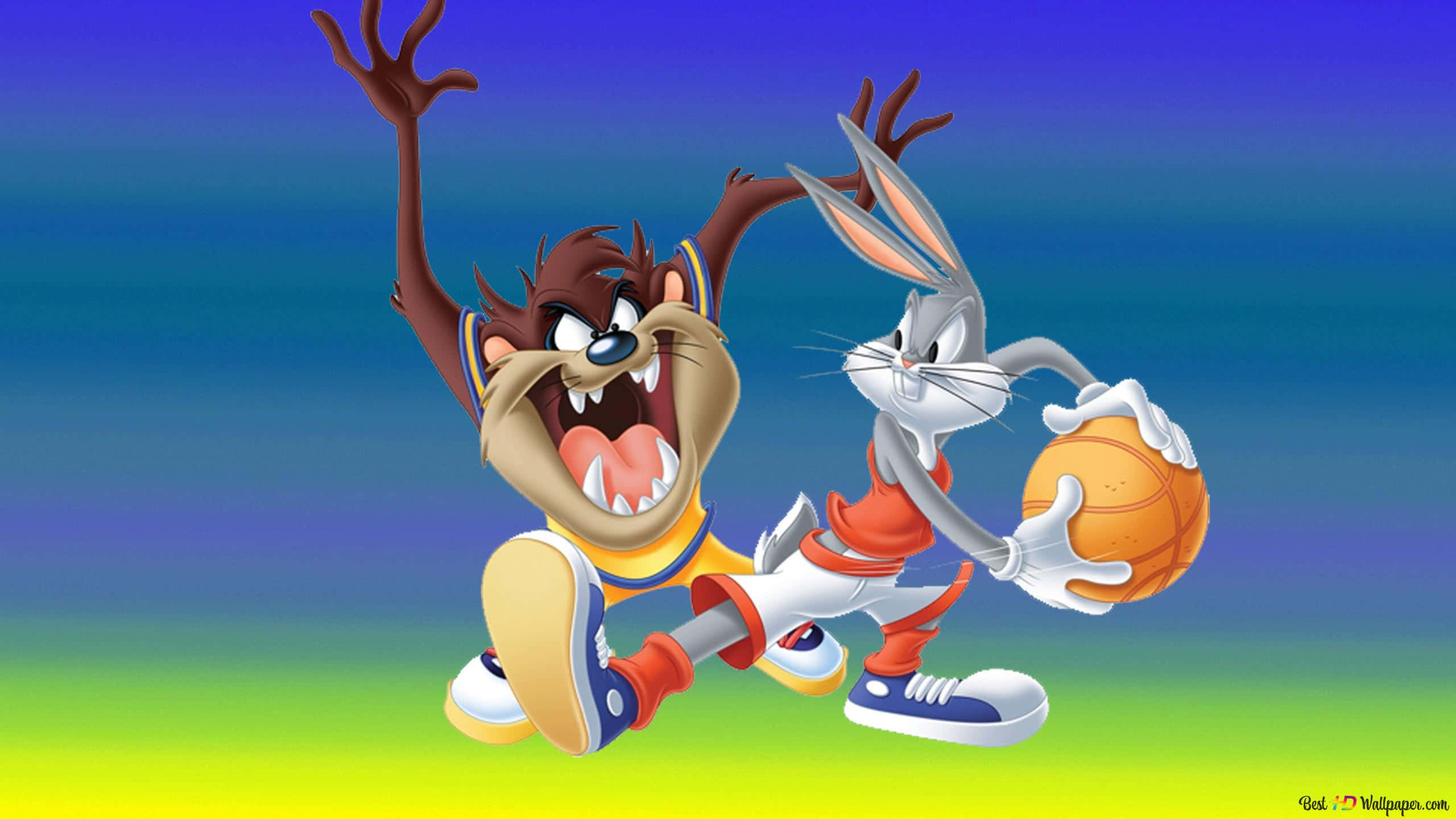 Cartoon NBA Players 桌布 壁紙 — 塔斯馬尼亞惡魔與兔巴哥在充滿活力的漸變背景上進行動態籃球對決。