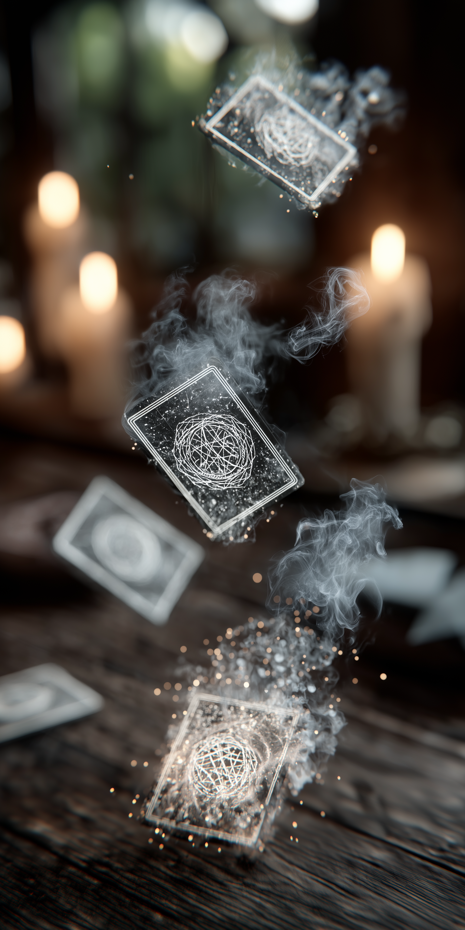 Cards 桌布 壁紙 — 塔羅牌漂浮並溶解成發光粒子，在柔和燭光照亮的木桌上。