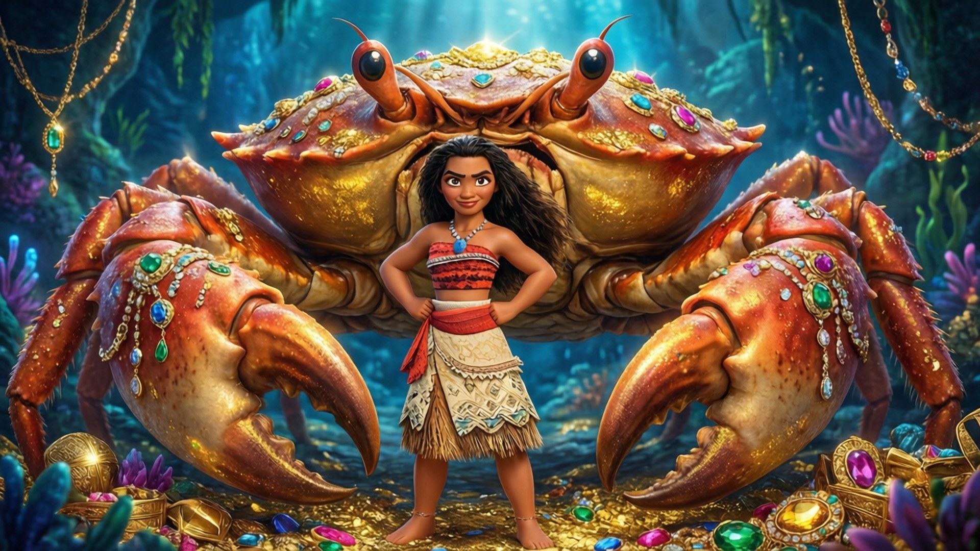 塔莫托阿的巢穴 壁紙 — Moana 自信地站在一個充滿活力的水下寶藏洞穴中，旁邊是一隻巨大的寶石裝飾的螃蟹。