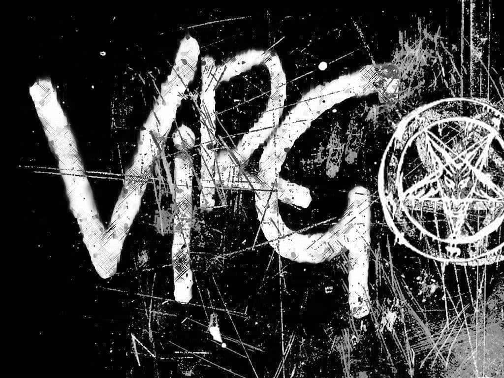 Virgo 桌布 壁紙 — 塗鴉標籤寫著 VIRGO，帶有五角星符號，刮在深色表面上，有飛濺和條紋。