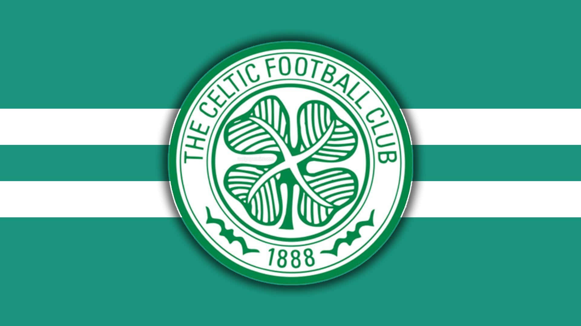 Celtic 桌布 壁紙 — 塞爾提克足球俱樂部徽章置中於綠色和白色橫條紋背景上。