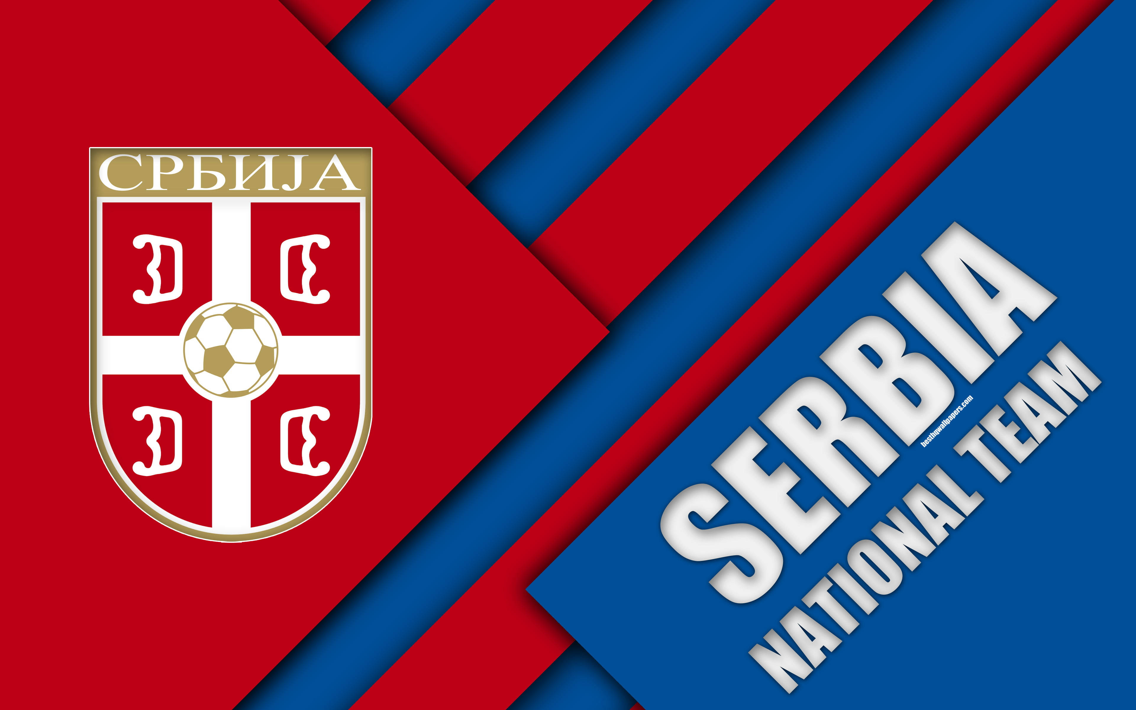 Serbia 桌布 壁紙 — 塞爾維亞國家隊標誌，帶有紅色和藍色對角條紋，徽章中有一個足球。