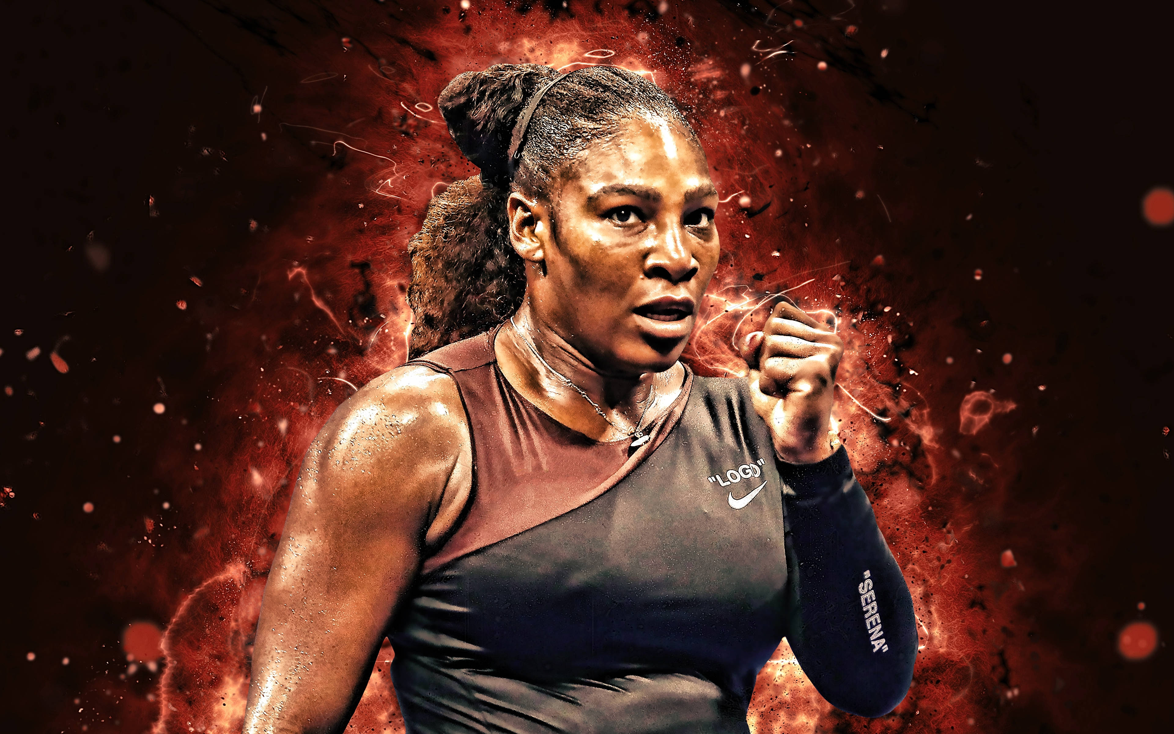 Serena 桌布 壁紙 — 塞雷娜·威廉姆斯身穿運動裝備，在熾熱的紅色爆炸背景中握緊拳頭。