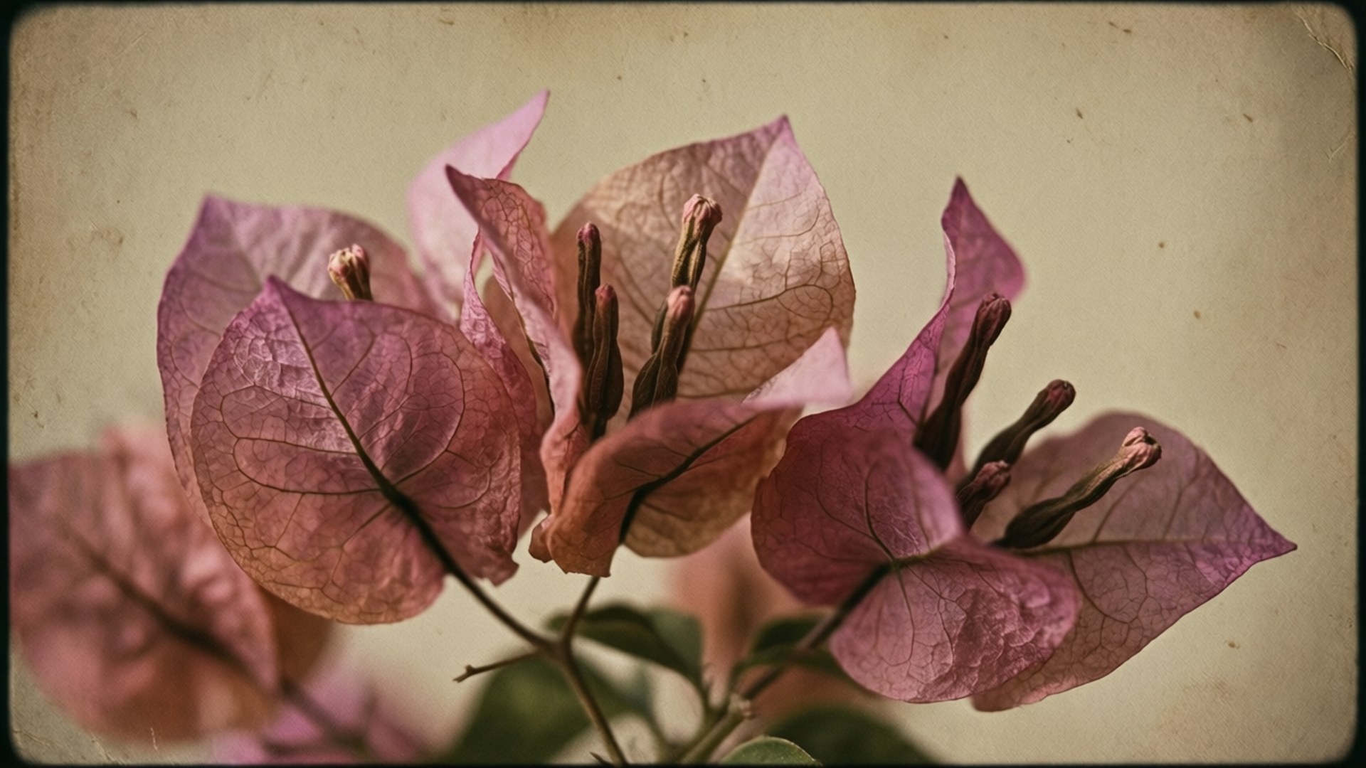 塵粉玫瑰色復古九重葛 壁紙 — 精緻的粉紅色九重葛花朵，帶有可見的葉脈和乾燥的花心，襯托在復古紋理米色背景上。