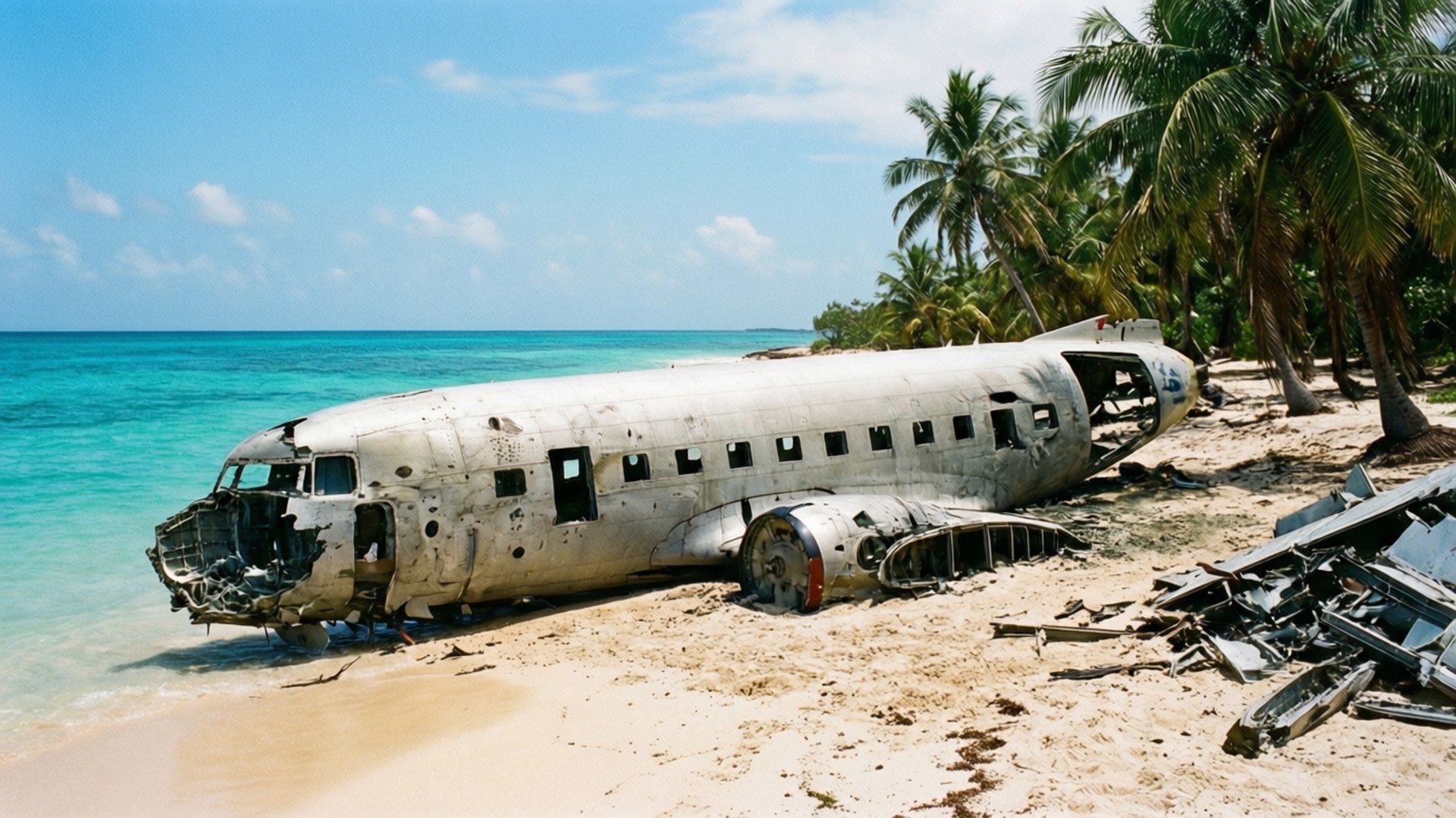 墜機海灘 壁紙 — 一架生鏽的飛機殘骸半淹沒在熱帶海灘上，有碧綠的海水和棕櫚樹，在明亮的藍天下。