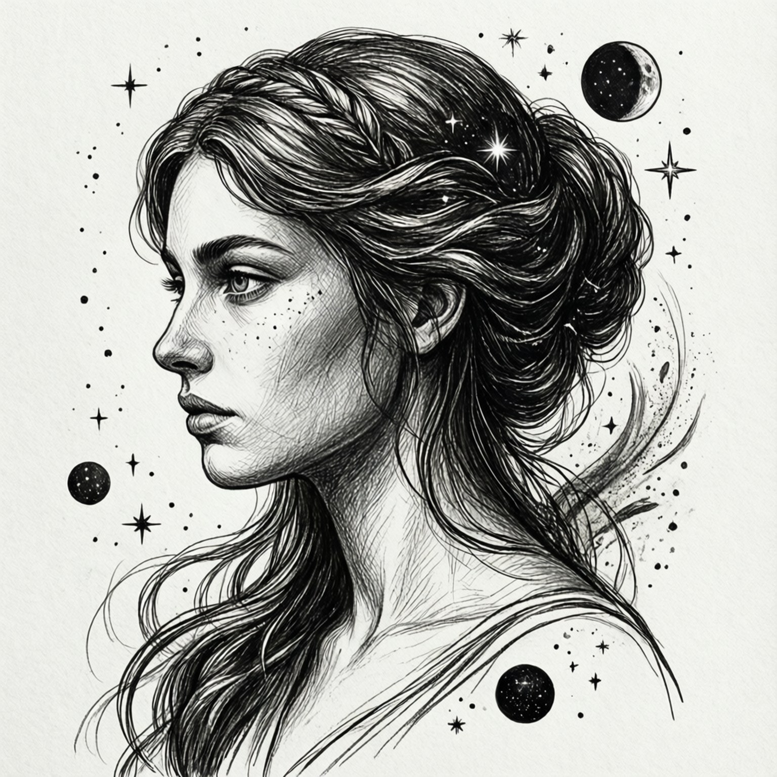 墨繪處女座側影 壁紙 — 一個詳細的黑白插圖，描繪了一位辮子頭髮、有雀斑的女性，周圍環繞著星星和行星。