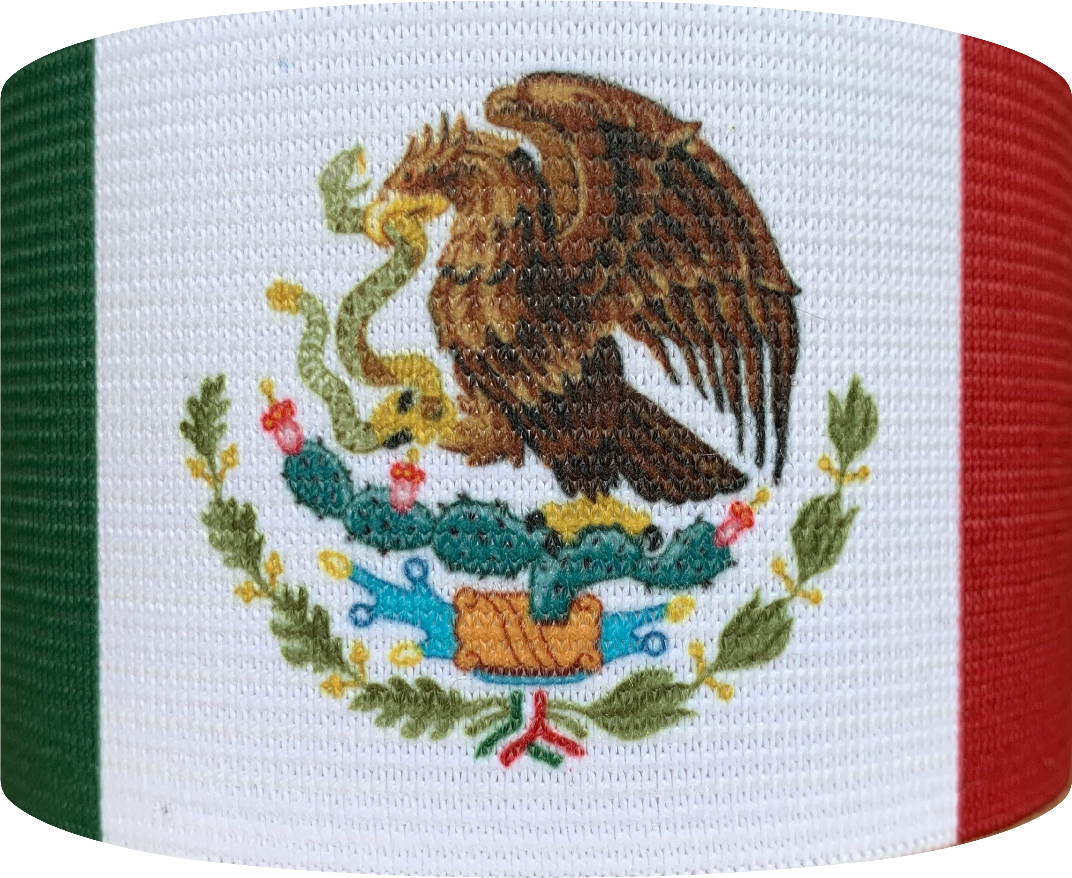 墨西哥 桌布 壁紙 — 墨西哥國旗刺繡特寫，老鷹在仙人掌上吞噬蛇，以鮮豔色彩繡在質感布料上。