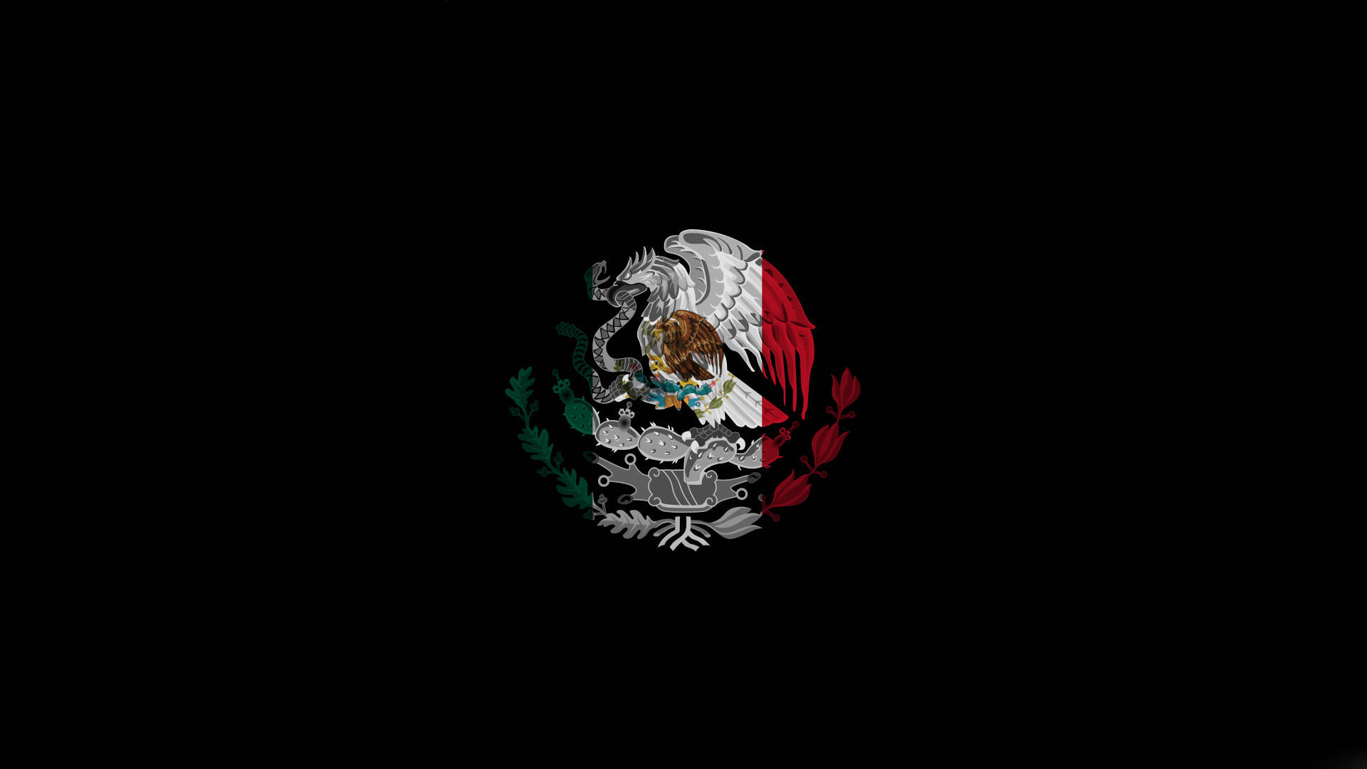 Chicano 桌布 壁紙 — 墨西哥國旗徽章居中於黑色背景上，一隻風格化的鷹抓著仙人掌上的蛇。