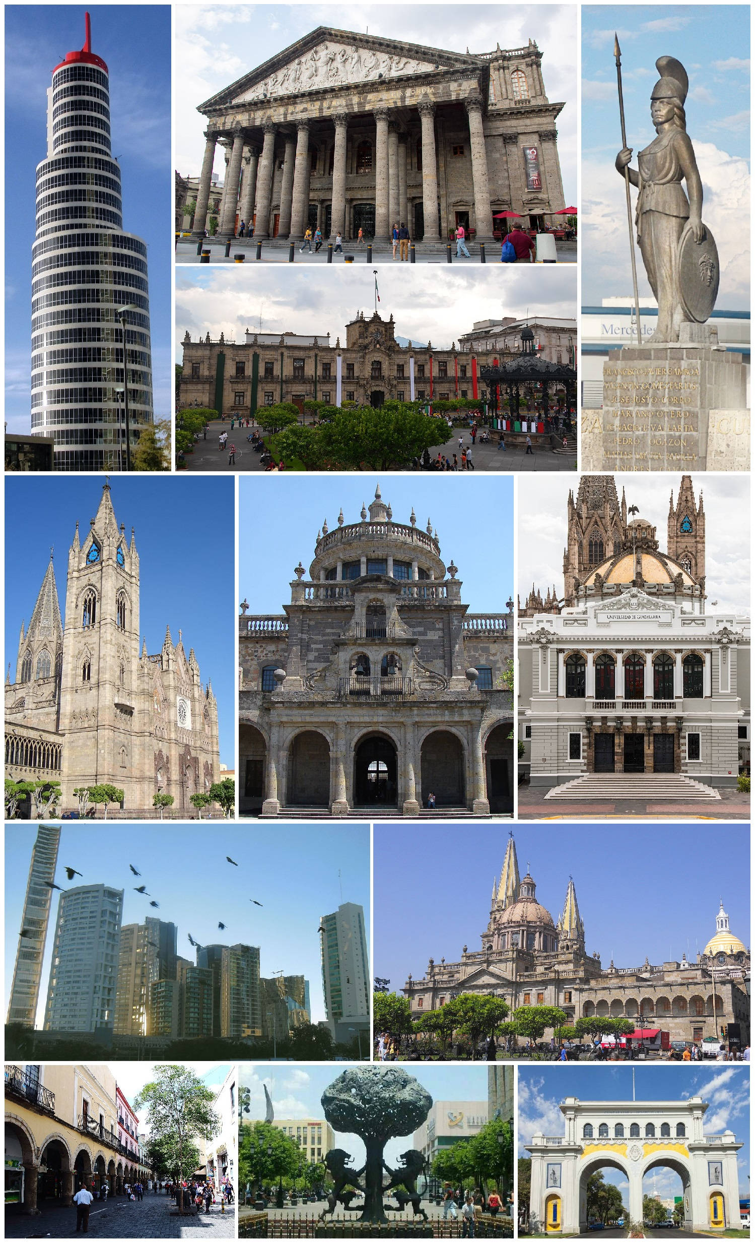Guadalajara 桌布 壁紙 — 墨西哥城標誌性地標的鮮明拼貼畫，包括拉丁美洲塔、大都會大教堂和歷史廣場，在晴朗的藍天下。