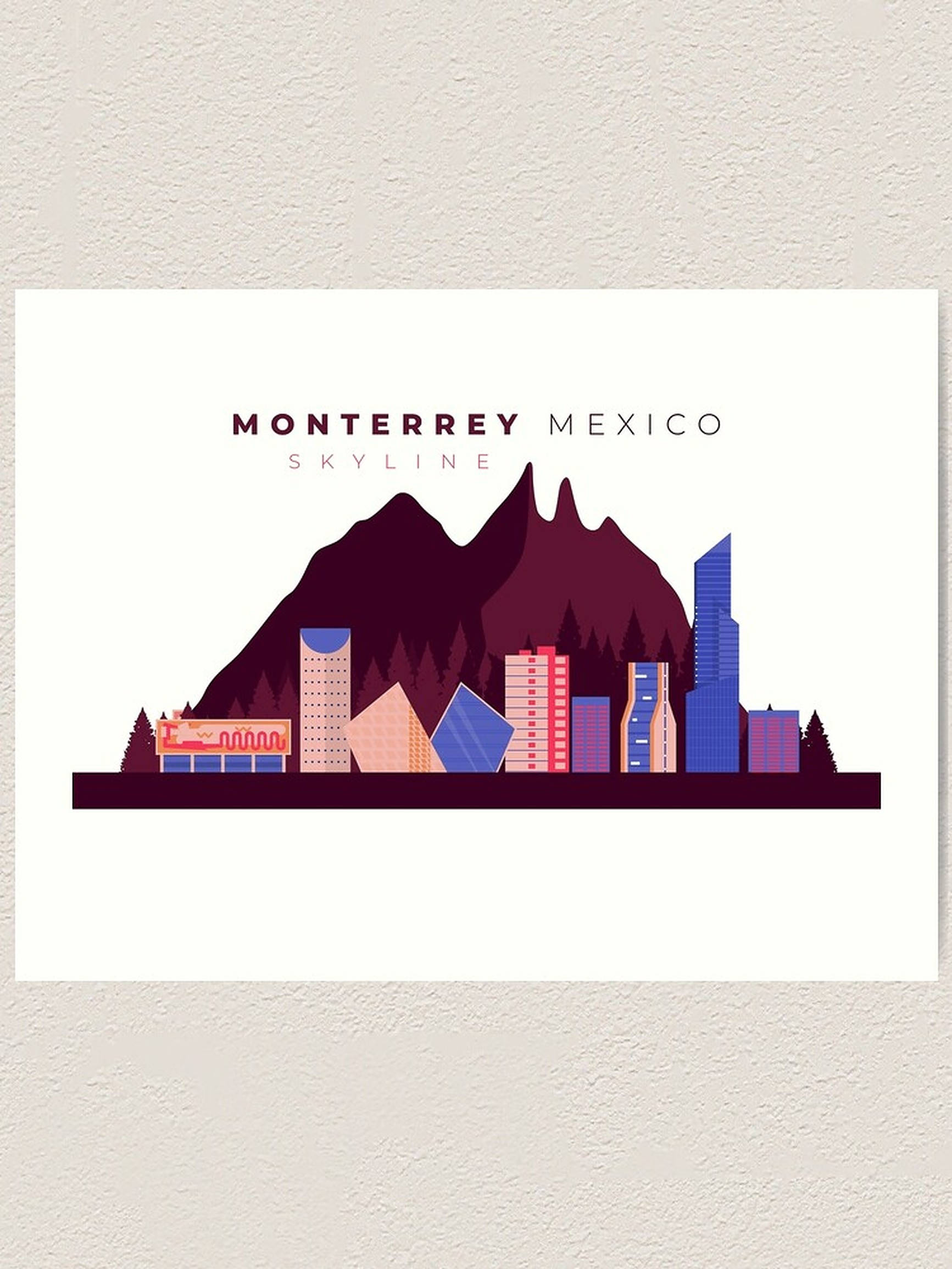 Monterrey 桌布 壁紙 — 墨西哥蒙特雷天際線的風格化插圖，以色彩繽紛的建築物襯托深色山脈。