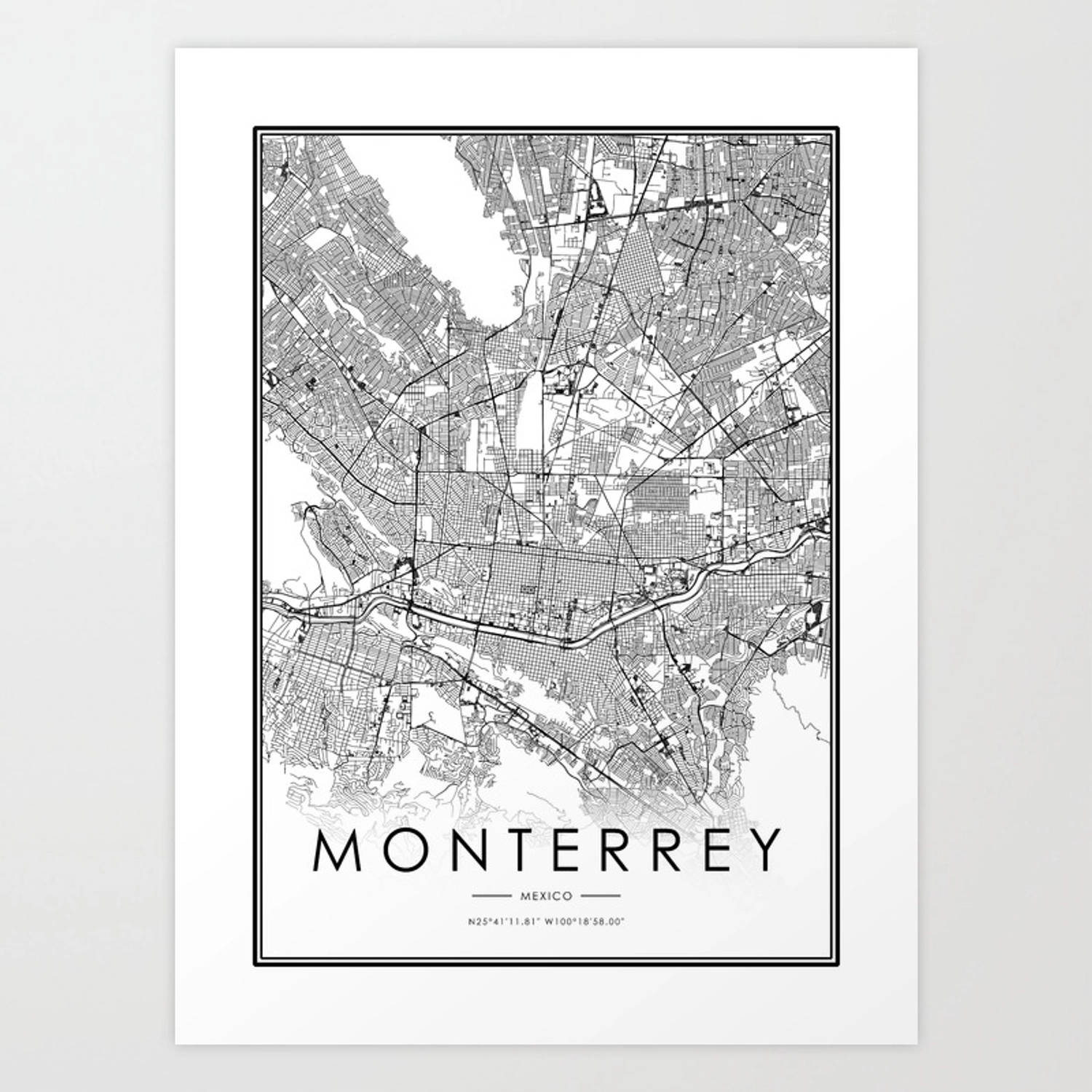 Monterrey 桌布 壁紙 — 墨西哥蒙特雷的極簡黑白城市地圖，以乾淨的字體和幾何精確度框起。
