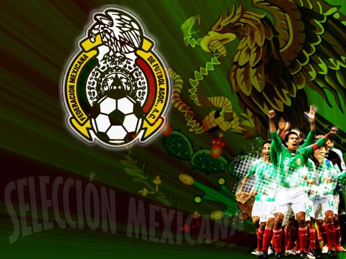 Mexico Soccer 桌布 壁紙 — 墨西哥足球運動員在充滿活力的綠色背景前慶祝勝利，背景上有國徽和鷹。