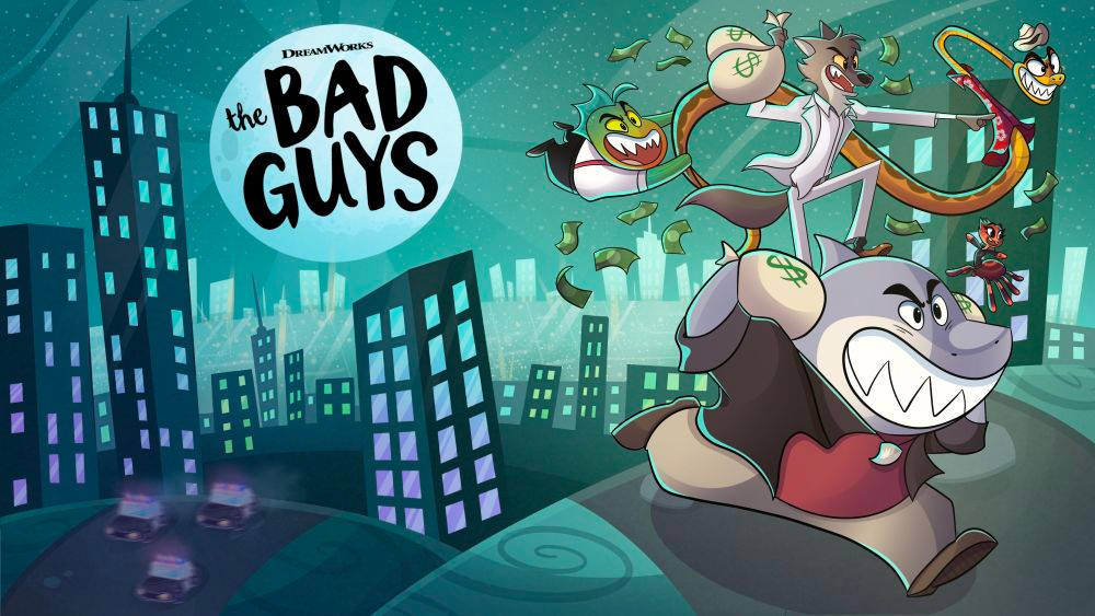 bad 桌布 壁紙 — 《壞蛋聯盟》中的卡通反派在夜間穿過霓虹燈閃爍的城市景觀，金錢飛舞，他們追逐混亂。