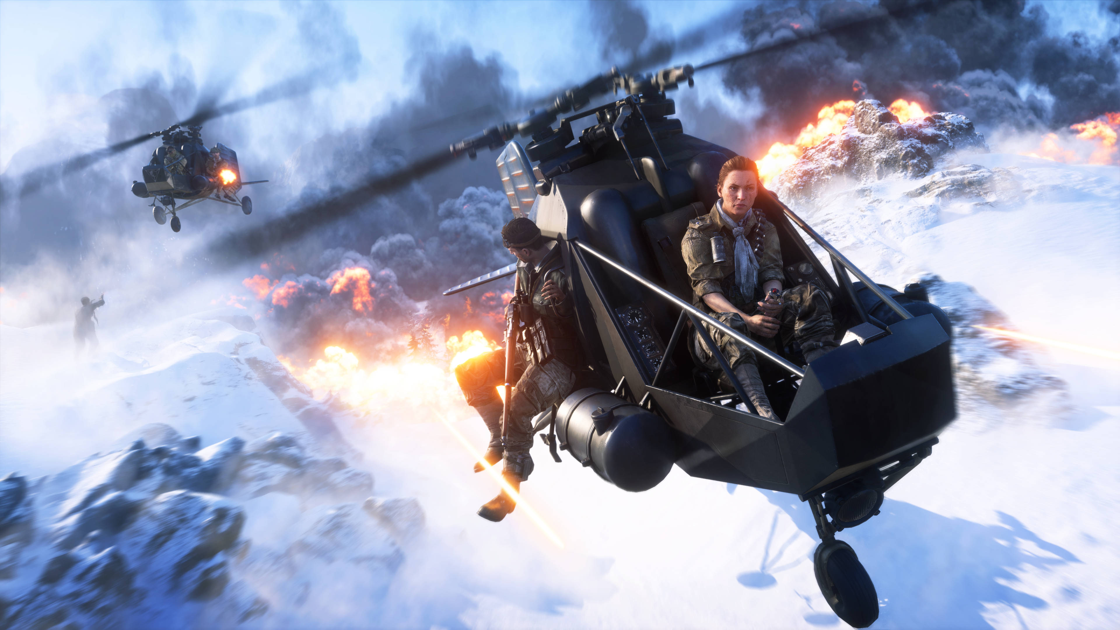Battlefield 5 桌布 壁紙 — 士兵們乘坐黑色直升機飛越雪山，下方爆炸四起，另一架直升機緊隨其後。