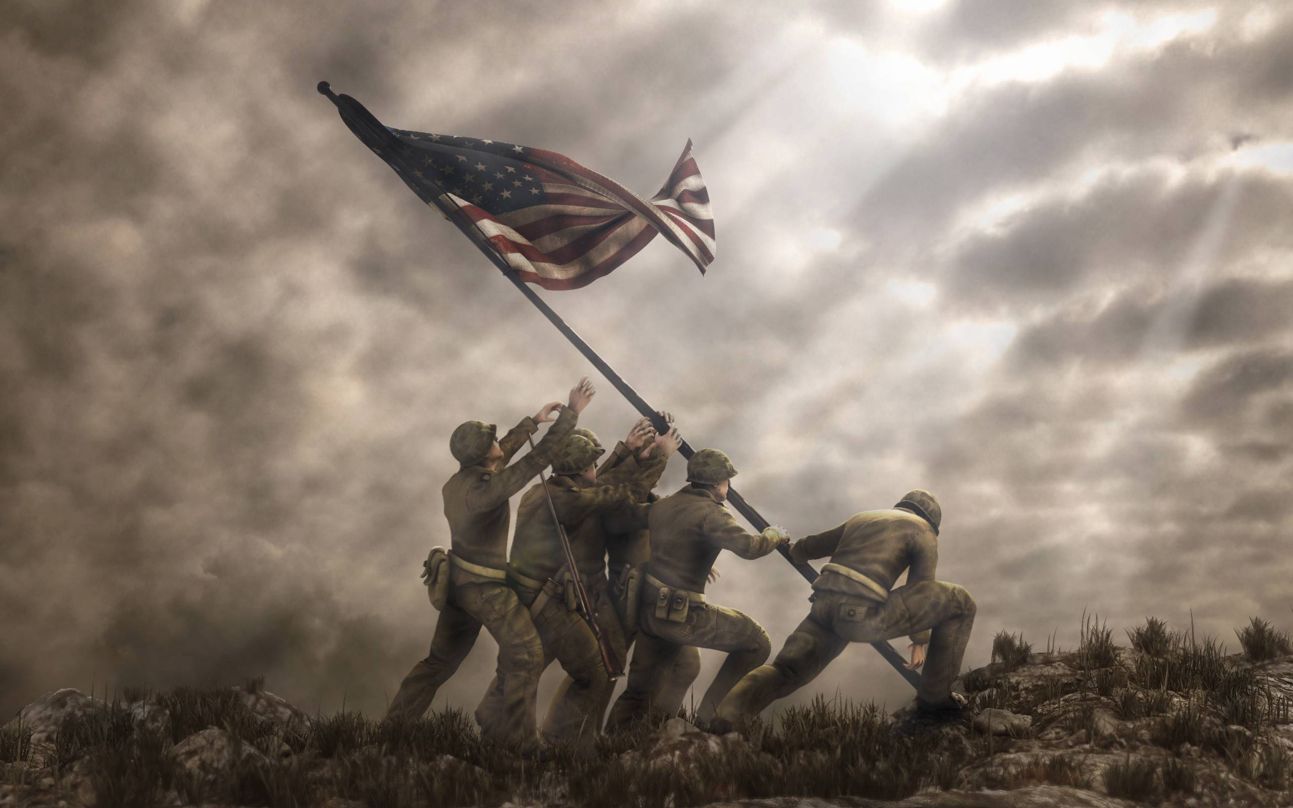 Military American Flag 桌布 壁紙 — 士兵們在崎嶇的山頂上升起美國國旗，天空多雲，陽光穿透雲層，場面壯觀。