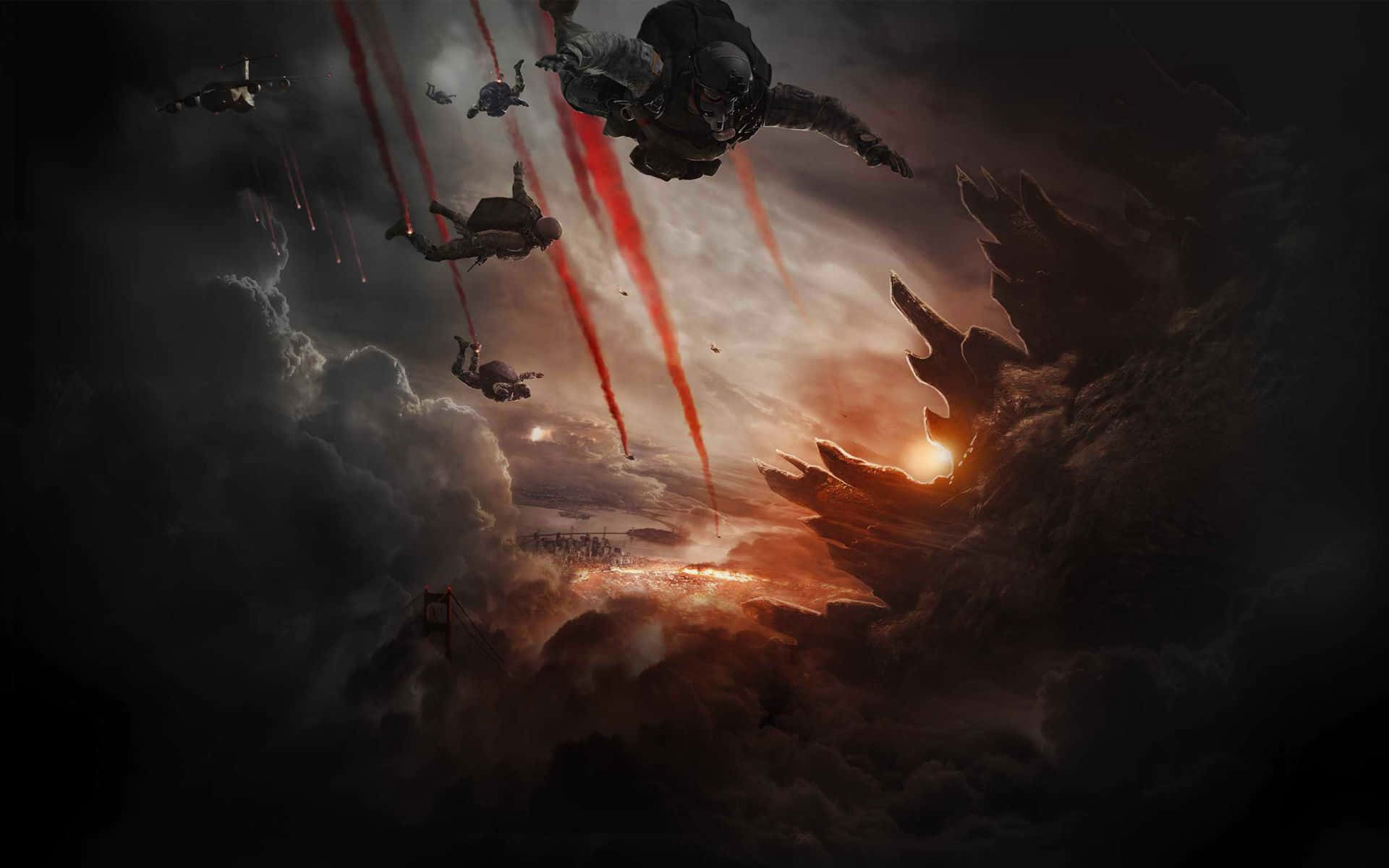 Godzilla 2014 桌布 壁紙 — 士兵們在暴風雨的天空下跳傘，朝著燃燒的戰場前進，紅色曳光彈在頭頂劃過。