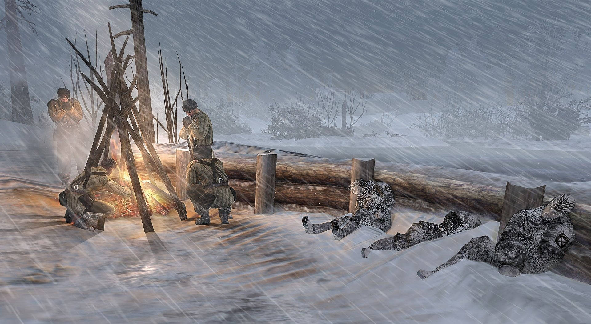 heroes 桌布 壁紙 — 士兵們在暴風雪中擠在熊熊烈火周圍，雪花在臨時木製避難所周圍旋轉，他們的呼吸清晰可見。