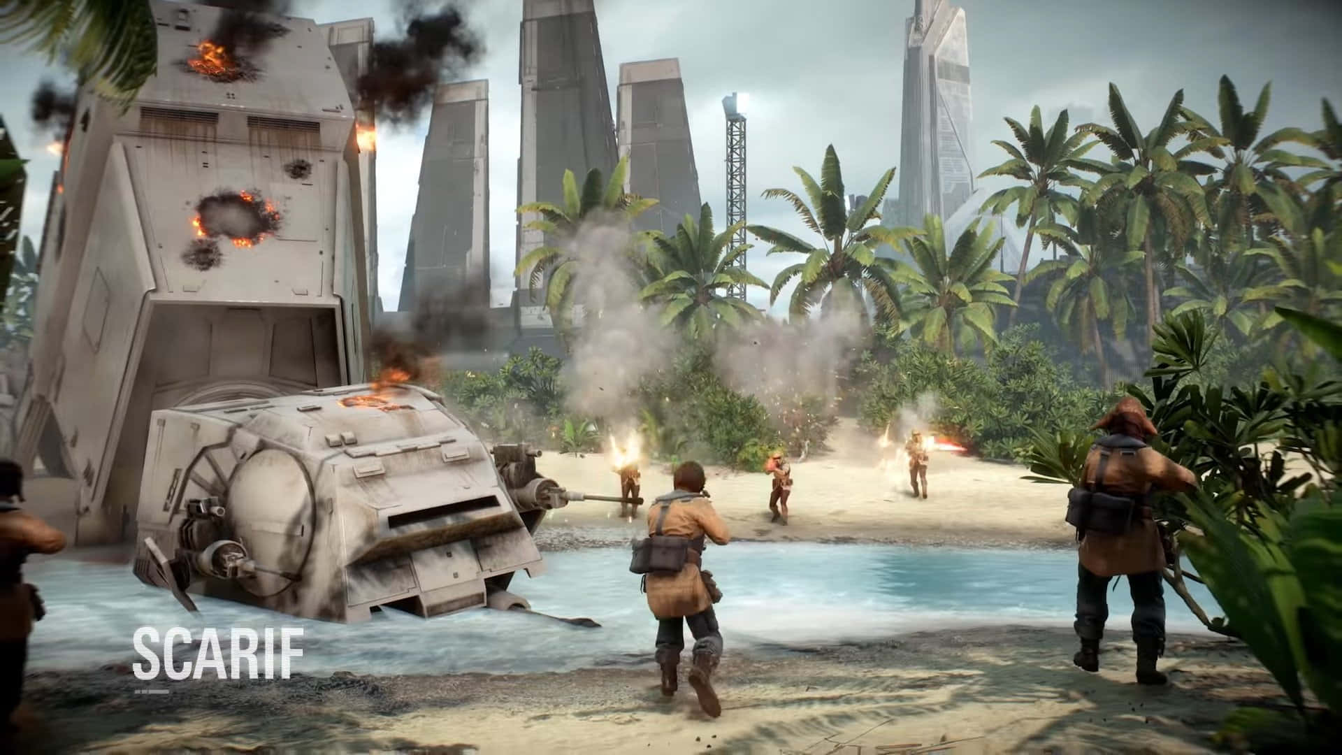 Scarif 桌布 壁紙 — 士兵們在未來塔樓附近的熱帶海灘上，在燃燒的殘骸和棕櫚樹中戰鬥。