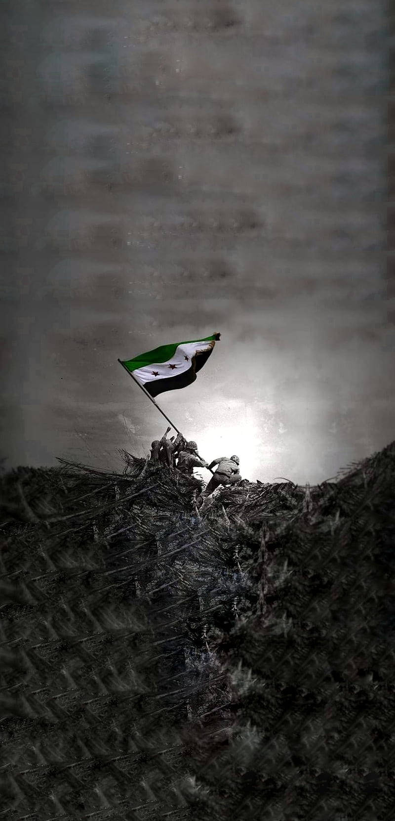 Syria 桌布 壁紙 — 士兵們在灰濛濛的天空下，在佈滿瓦礫的山丘上，在明亮的陽光下升起敘利亞國旗。