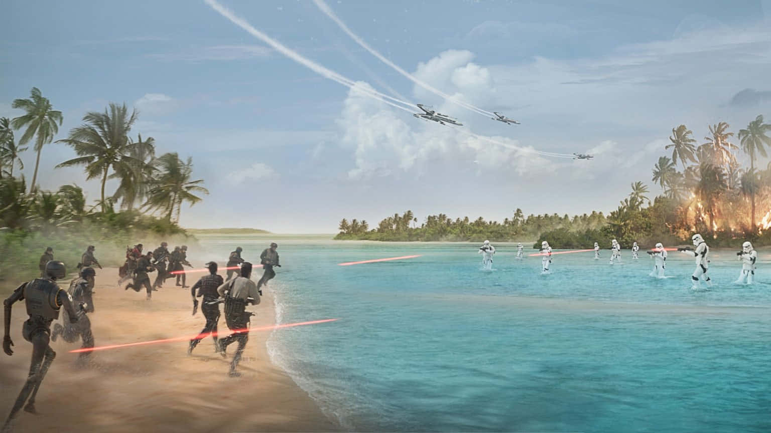 Beach Scene 桌布 壁紙 — 士兵們在熱帶海灘上交戰，星際戰鬥機從頭頂呼嘯而過，叢林中爆發爆炸。