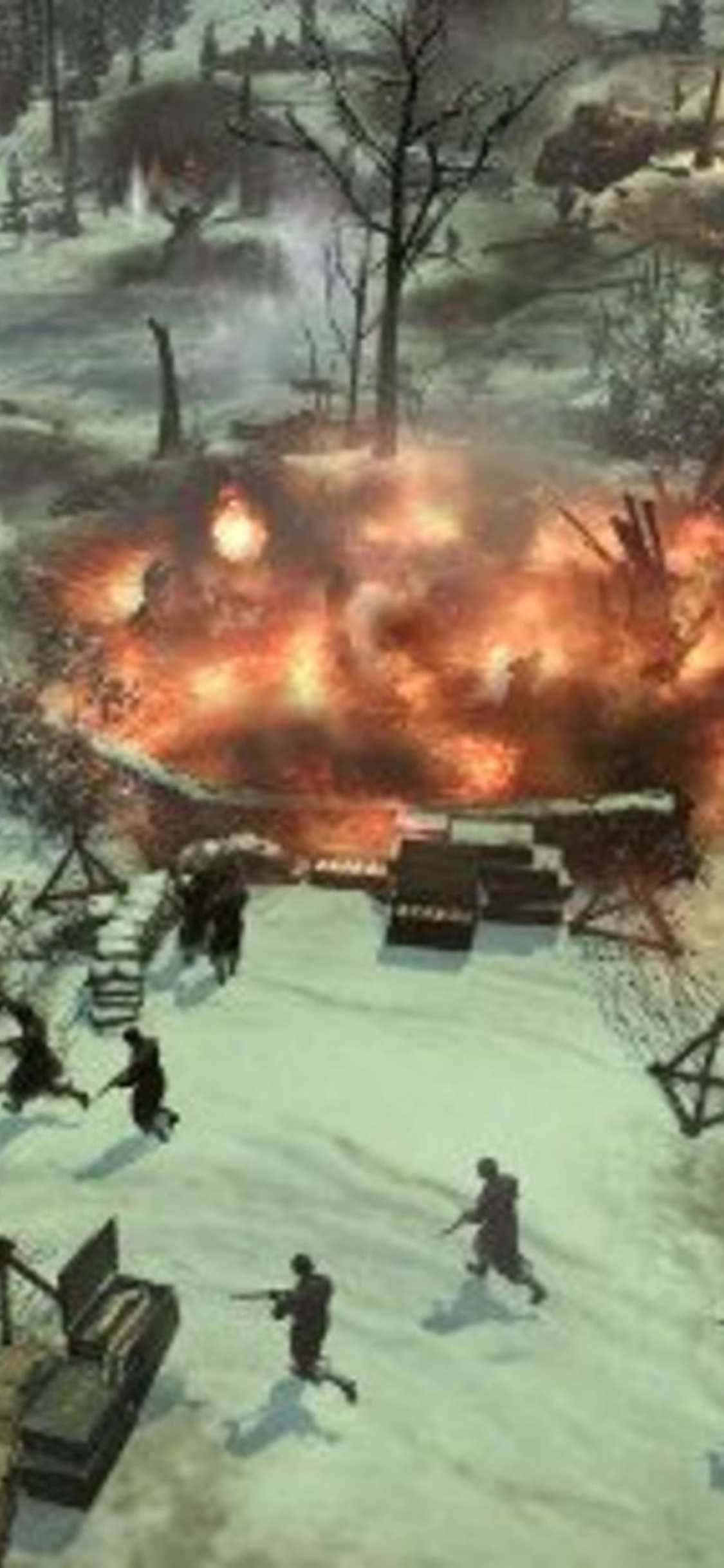 Burning 桌布 壁紙 — 士兵們在白雪皚皚的冬季戰場上，在光禿禿的樹木和戰壕中，於一場巨大的火爆炸中戰鬥。