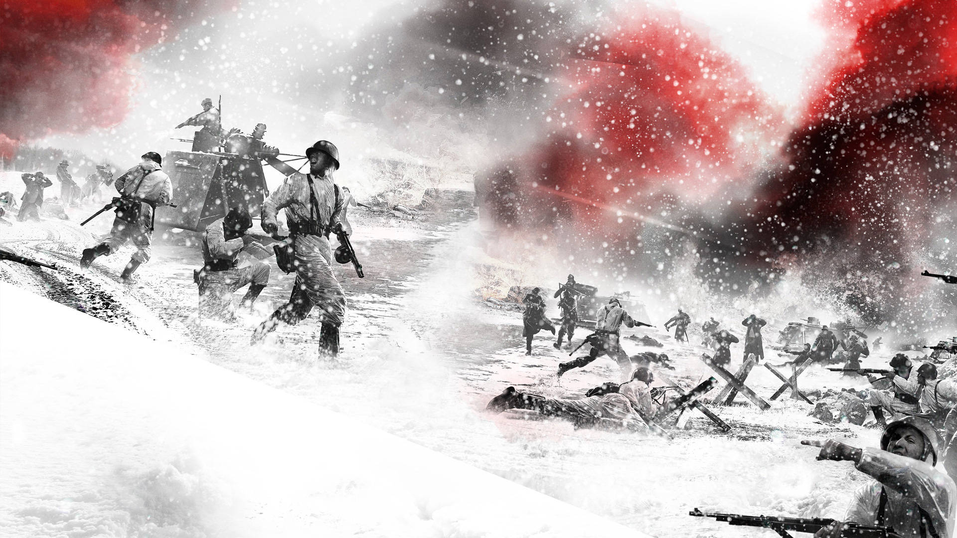 heroes 桌布 壁紙 — 士兵們在白雪覆蓋的戰場上前進，紅色煙霧翻騰，大雪在他們周圍猛烈飄落。