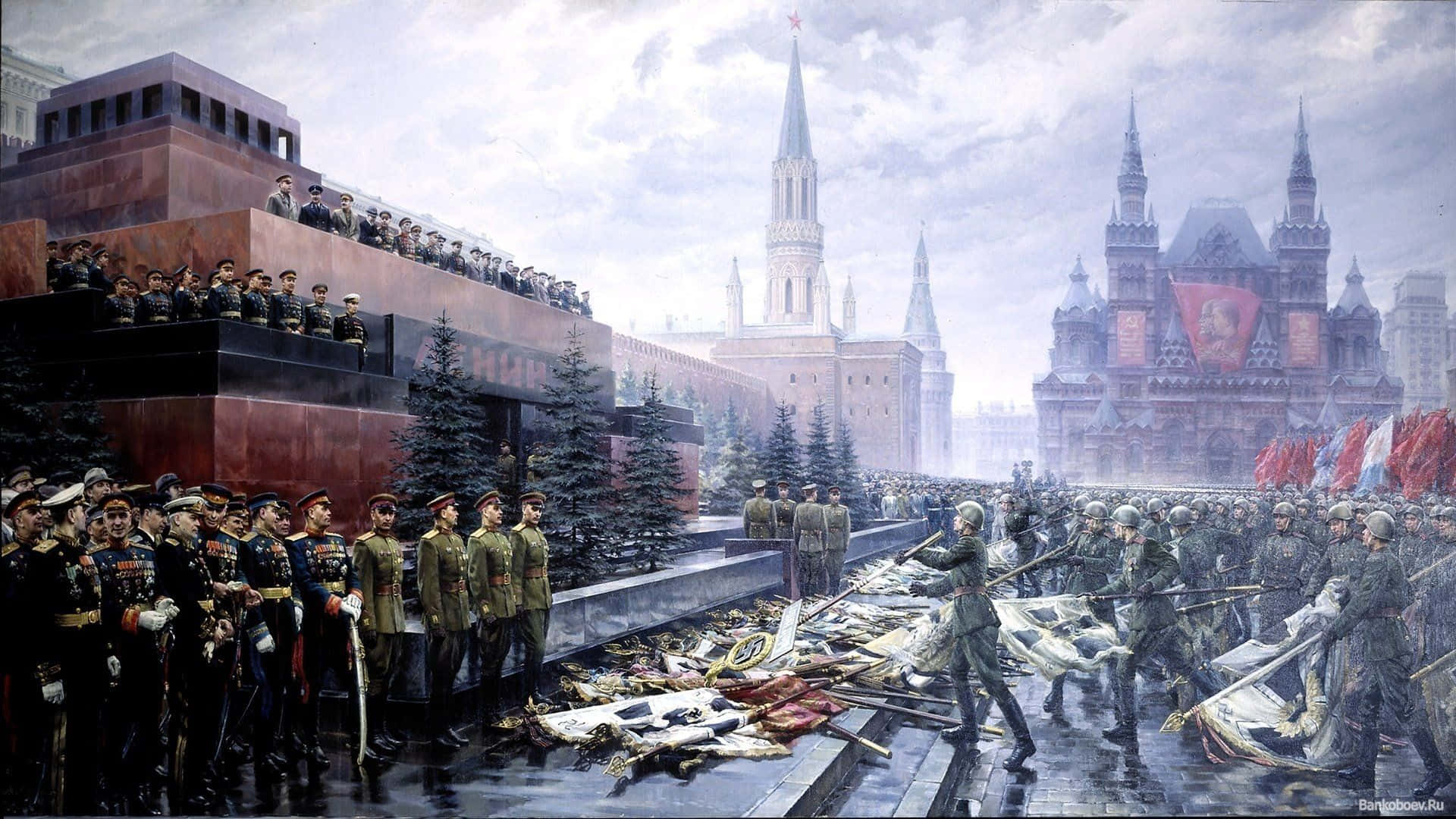Russia 桌布 壁紙 — 士兵們在陰天莊嚴地扛著倒下的旗幟，穿過濕漉漉的莫斯科廣場，在克里姆林宮前。