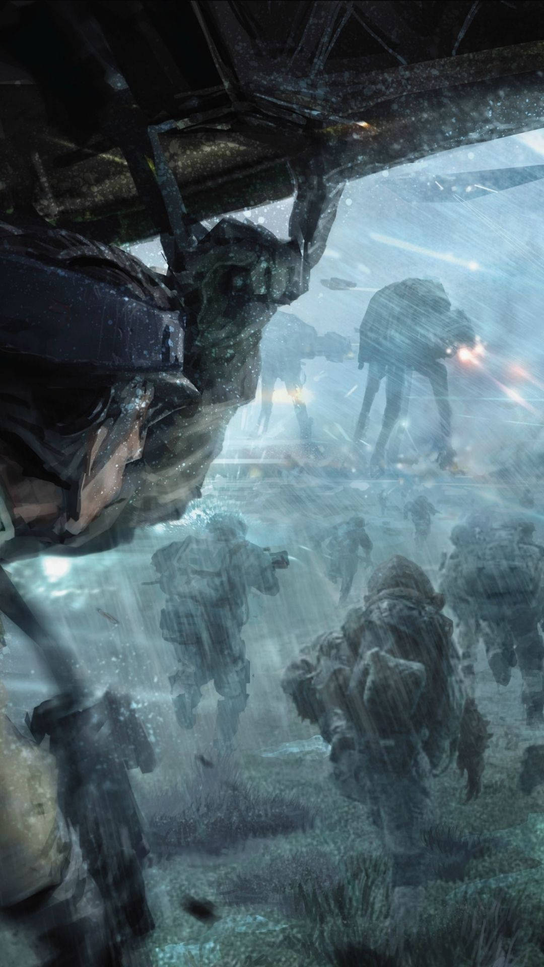 star wars 4K iPhone 桌布 壁紙 — 士兵們在雨淋的戰場上前進，巨大的AT-AT步行機在破損結構下的迷霧遠處隱現。
