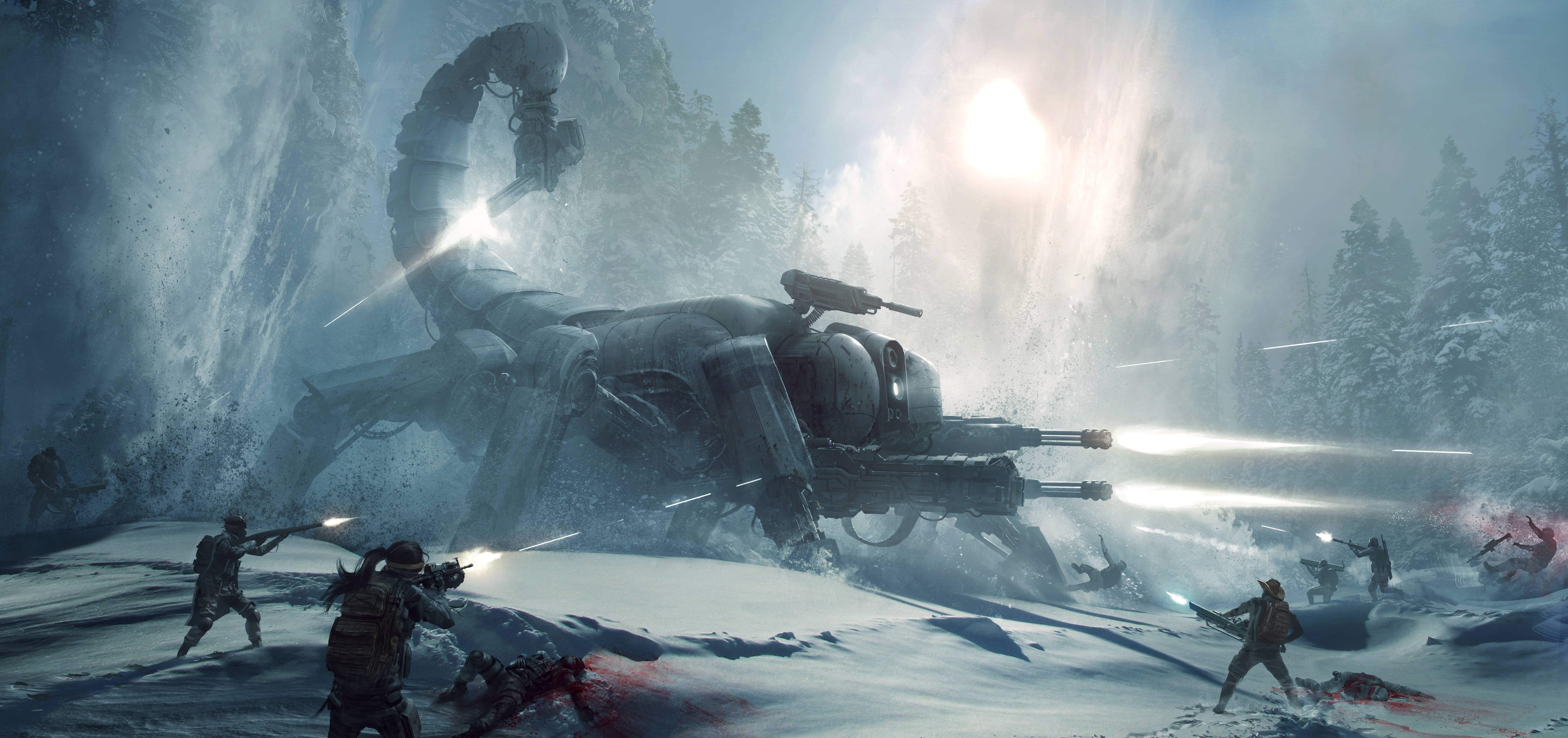 Wasteland 桌布 壁紙 — 士兵們在雪地森林中與一隻巨大的機械蠍子戰鬥，它正透過迷霧發射明亮的光束。