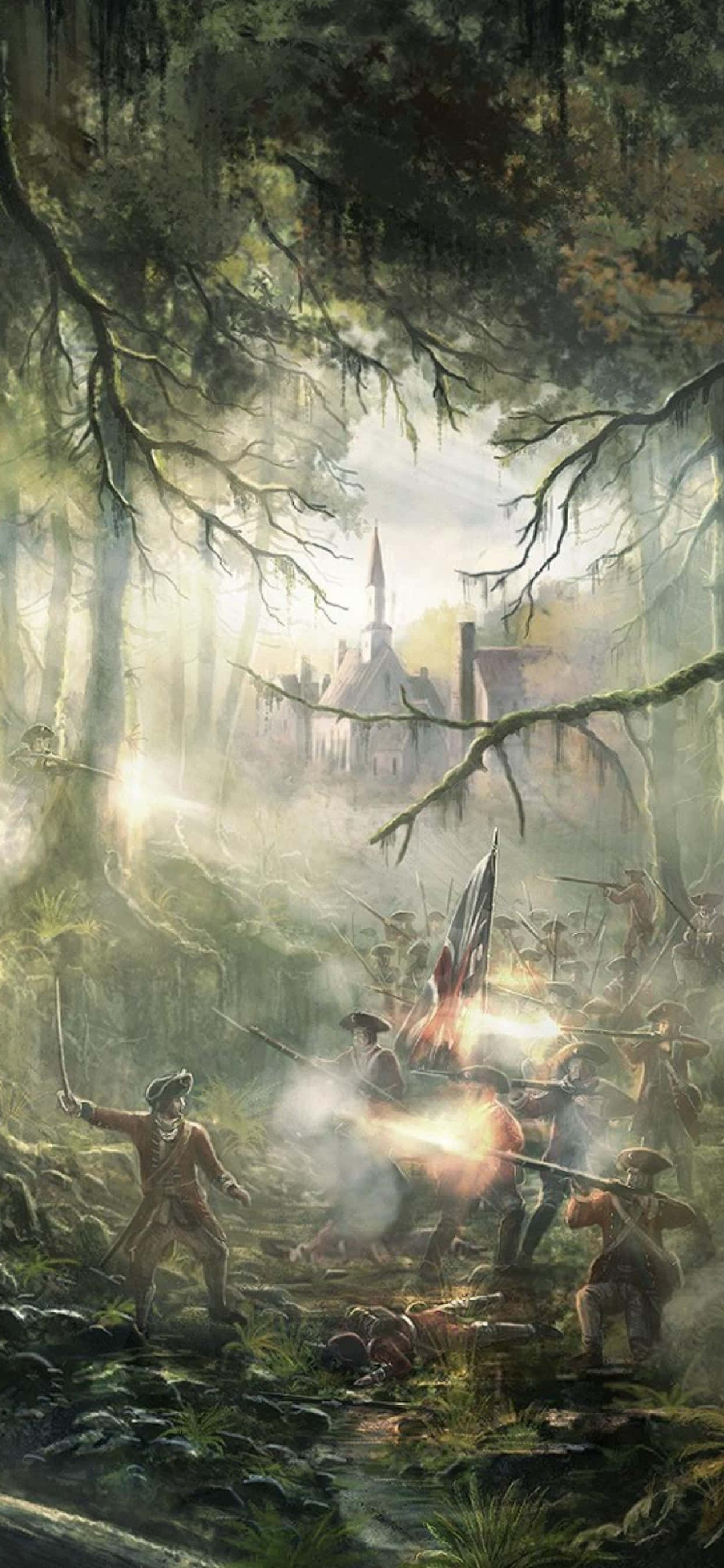 iPhone Xs Max Total War Attila 桌布 壁紙 — 士兵們在霧氣瀰漫的沼澤森林中交戰，遠處的教堂在樹木間閃耀著光芒。