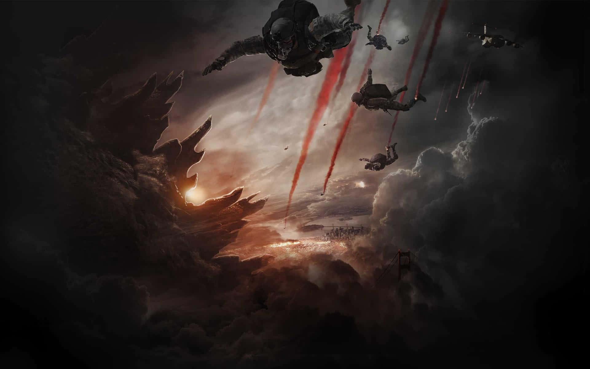 Burning Godzilla 桌布 壁紙 — 士兵們從暴風雨的天空中墜落，紅色軌跡在他們身後延伸，朝向發光的地平線。
