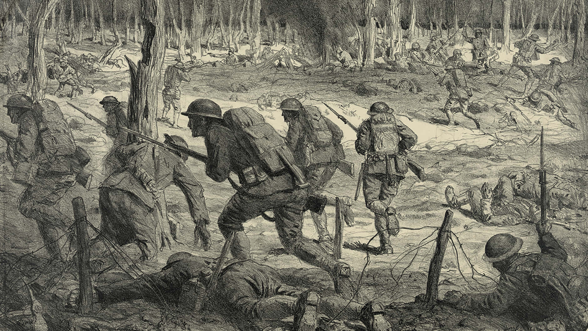 戰爭動圖 桌布 壁紙 — 士兵們穿過一片滿是倒下的戰友和折斷樹木的毀滅性森林戰場前進。