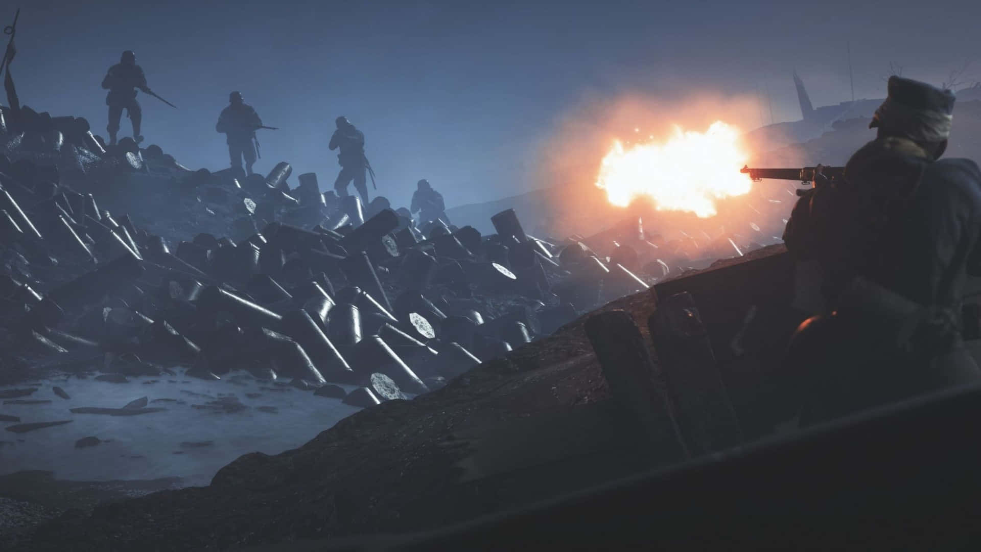 1920x1080 Battlefield 1 桌布 壁紙 — 士兵們穿過破碎的戰場前進，其中一人開火，武器發出明亮的橙色光芒，映照在黑暗的瓦礫上。