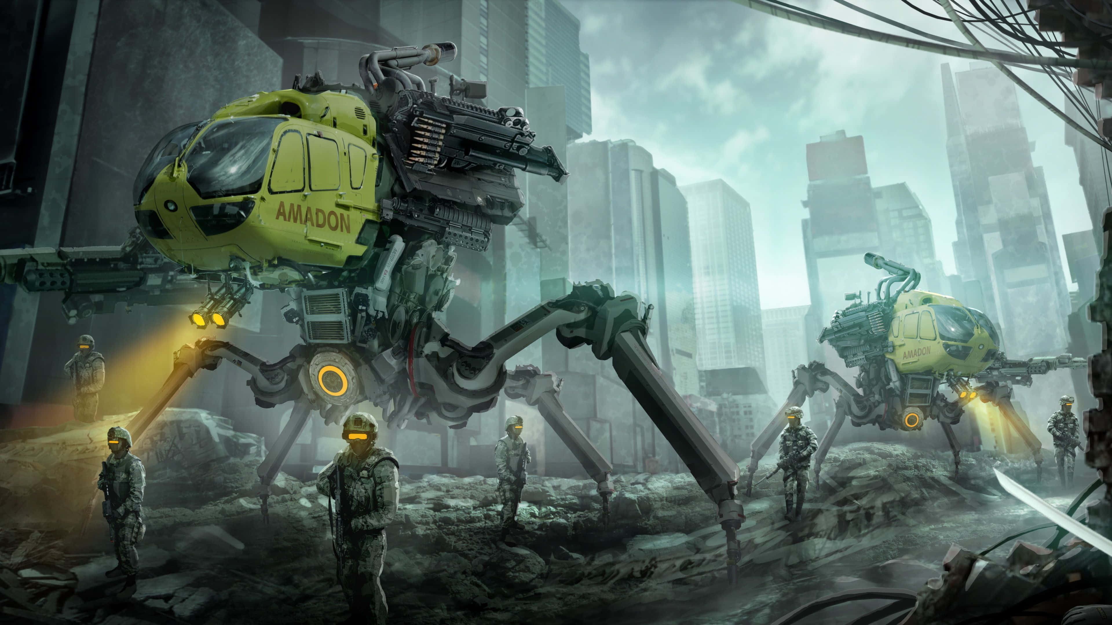 Cartoon Sci-fi 桌布 壁紙 — 士兵們站在瓦礫中，巨大的黃色機械步行者在陰天之下巡邏著一個被毀的未來城市景觀。