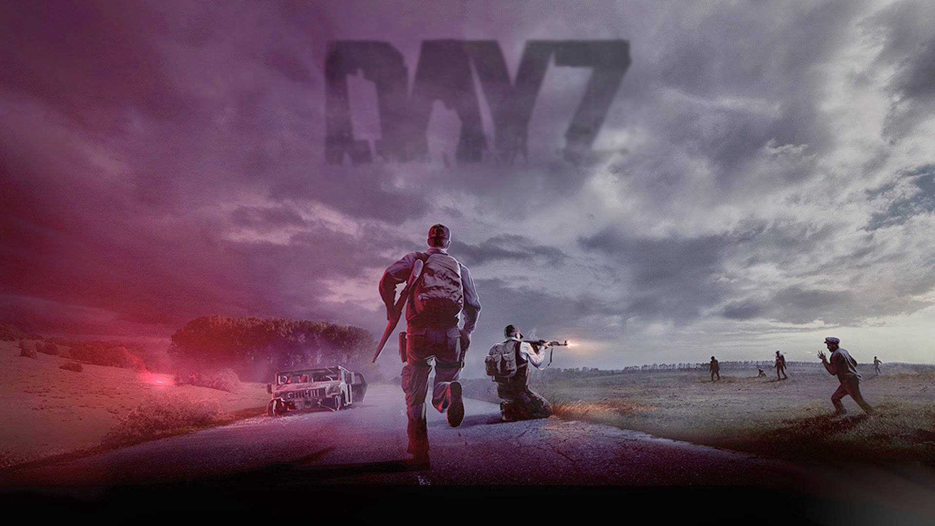 Dayz 桌布 壁紙 — 士兵們跑過荒涼的道路，一輛破車在紫色天空下冒煙，'DAY 7' 懸在頭頂。