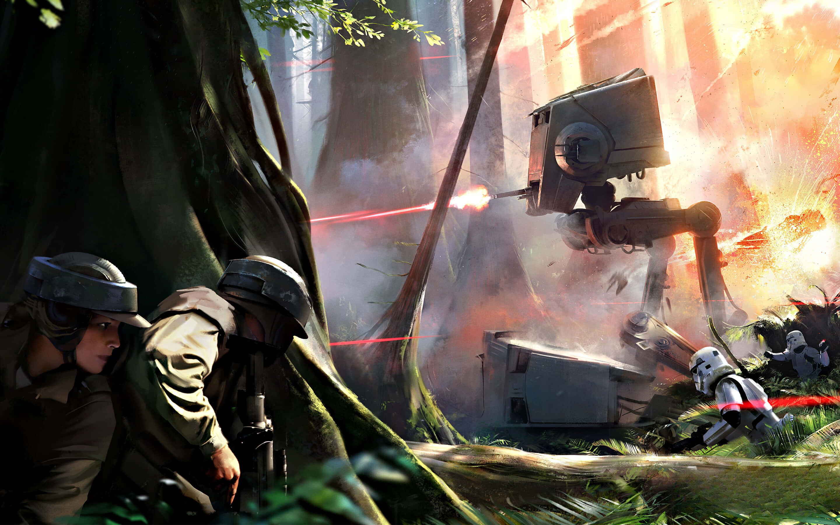 Star Wars Games 桌布 壁紙 — 士兵們躲在叢林樹葉中，AT-ST步行機在爆炸和煙霧中發射紅色雷射。