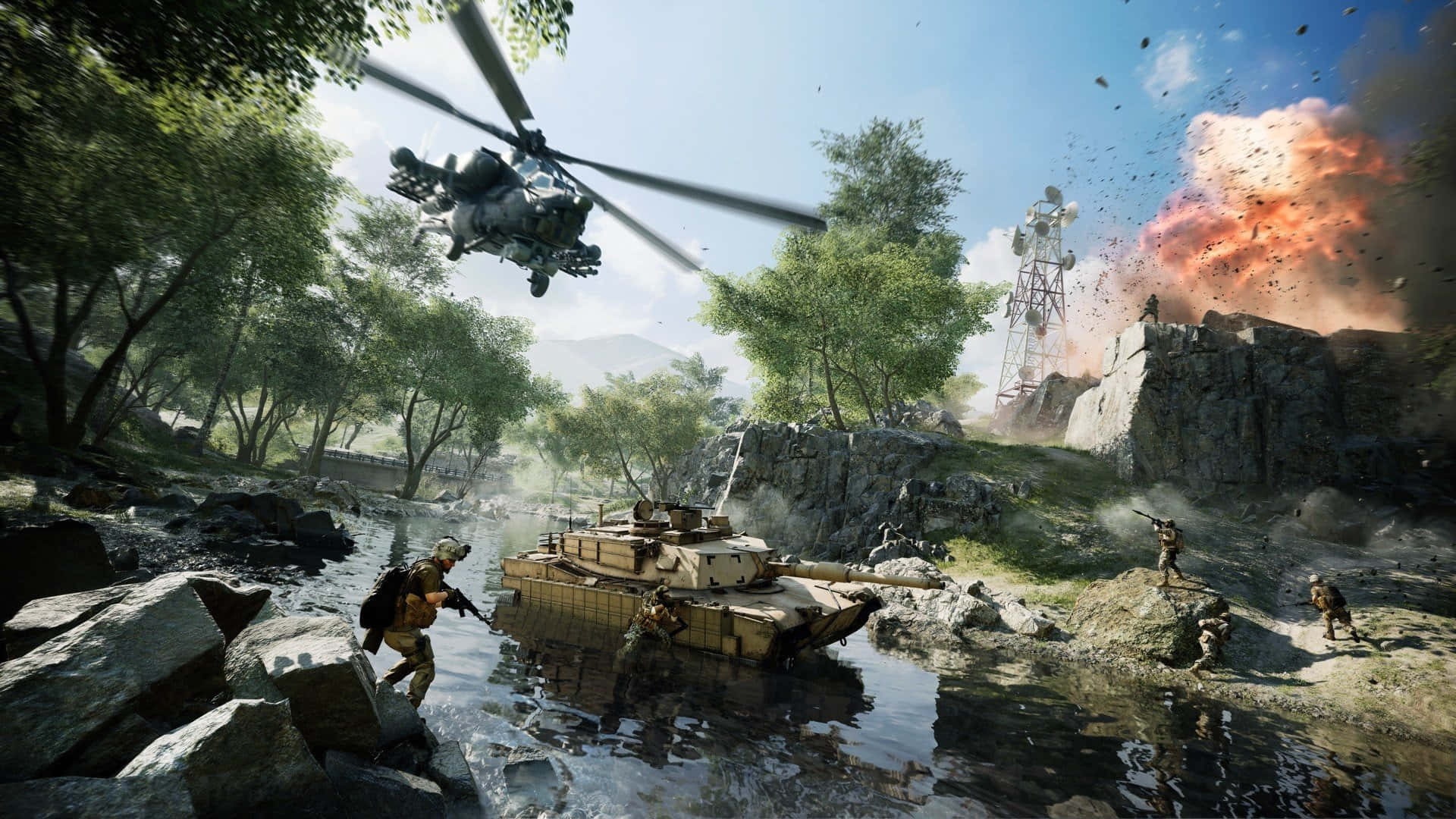 Battlefield Vehicles 桌布 壁紙 — 士兵和坦克在岩石河床上戰鬥，直升機在頭頂飛過，遠處發生爆炸。