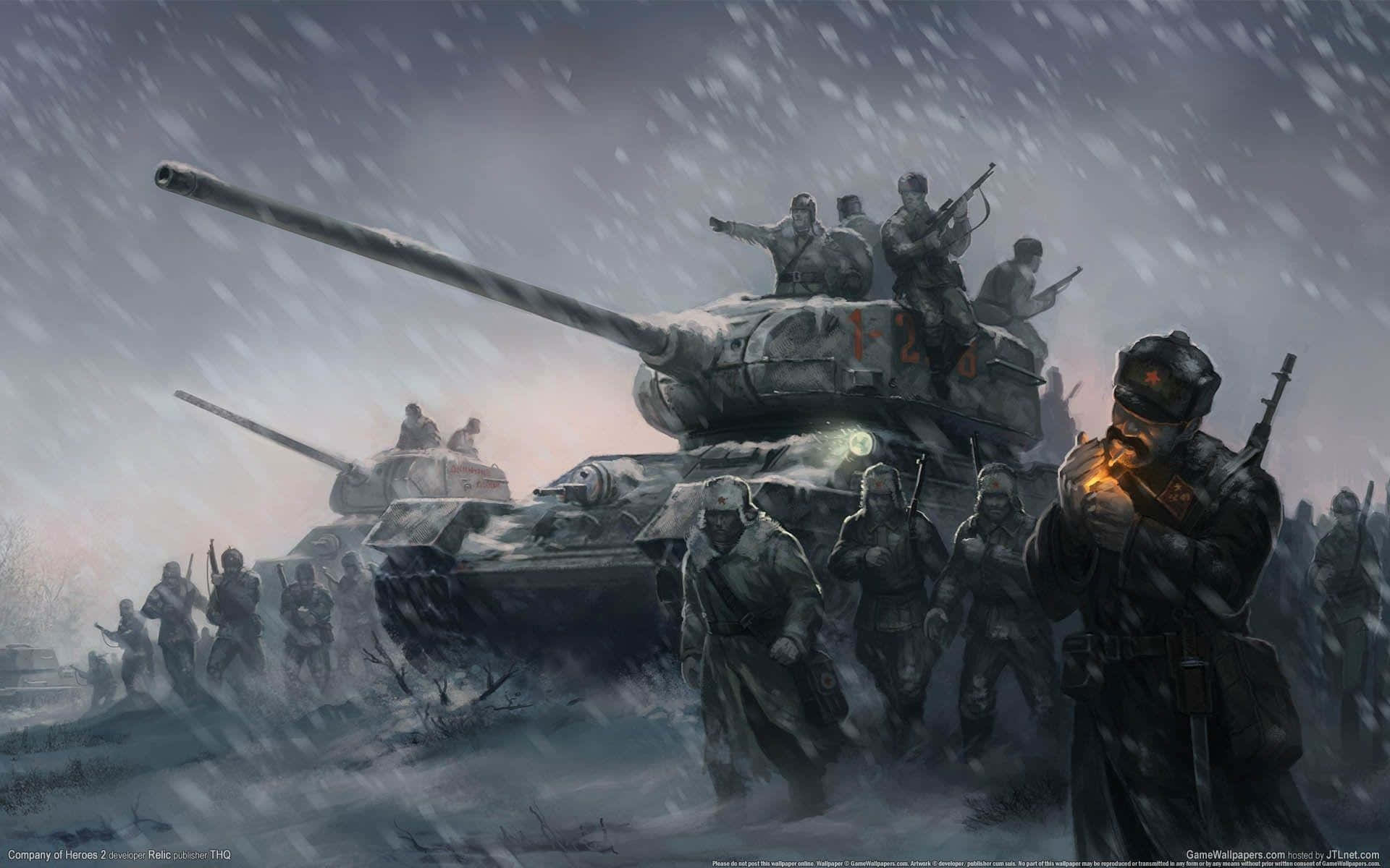Russian 桌布 壁紙 — 士兵和坦克在暴風雪中前進，大雪紛飛，柔和的灰色調主導戰場。