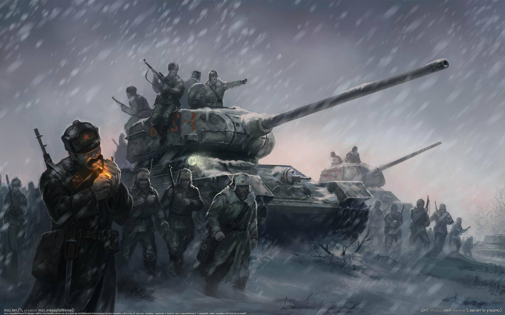 Ww2 桌布 壁紙 — 士兵和坦克在暴風雪中前進，大雪紛飛，柔和的灰色調主導戰場。