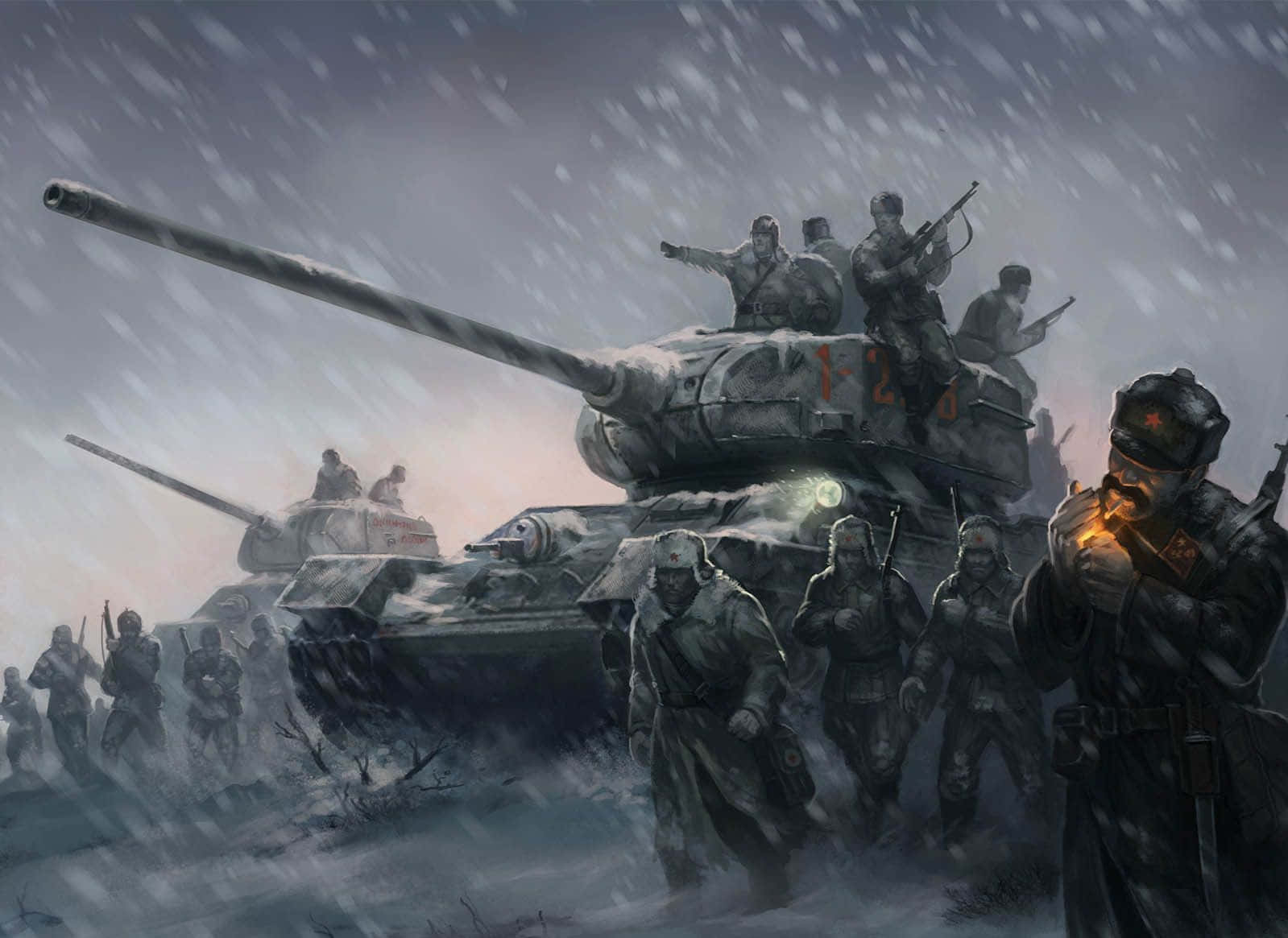 War Games 桌布 壁紙 — 士兵和坦克在暴風雪中前進，大雪紛飛，前景中的一名士兵正在點燃香煙。