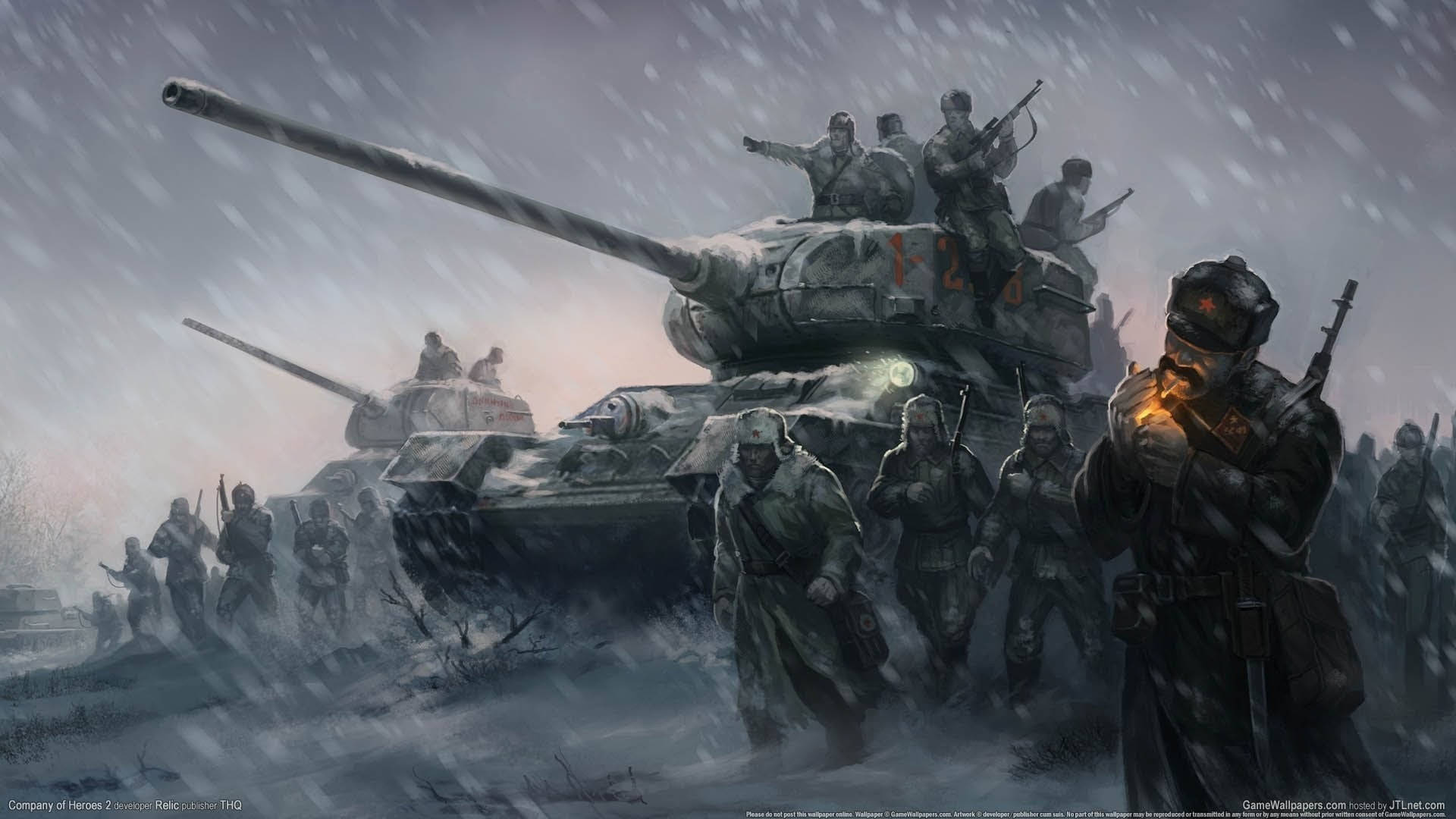 heroes 桌布 壁紙 — 士兵和坦克在暴風雪中前進，雪花飄落，灰色調柔和，呈現出嚴酷的戰時場景。