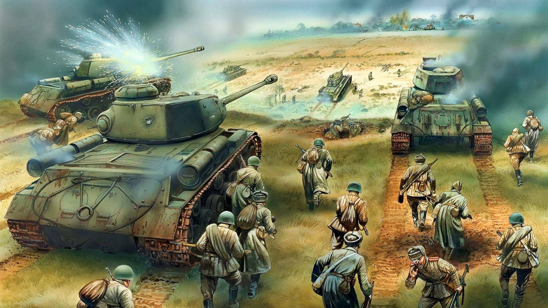 坦克 桌布 壁紙 — 士兵和坦克在泥濘的戰場上衝突，風暴天空下爆炸和煙霧瀰漫。