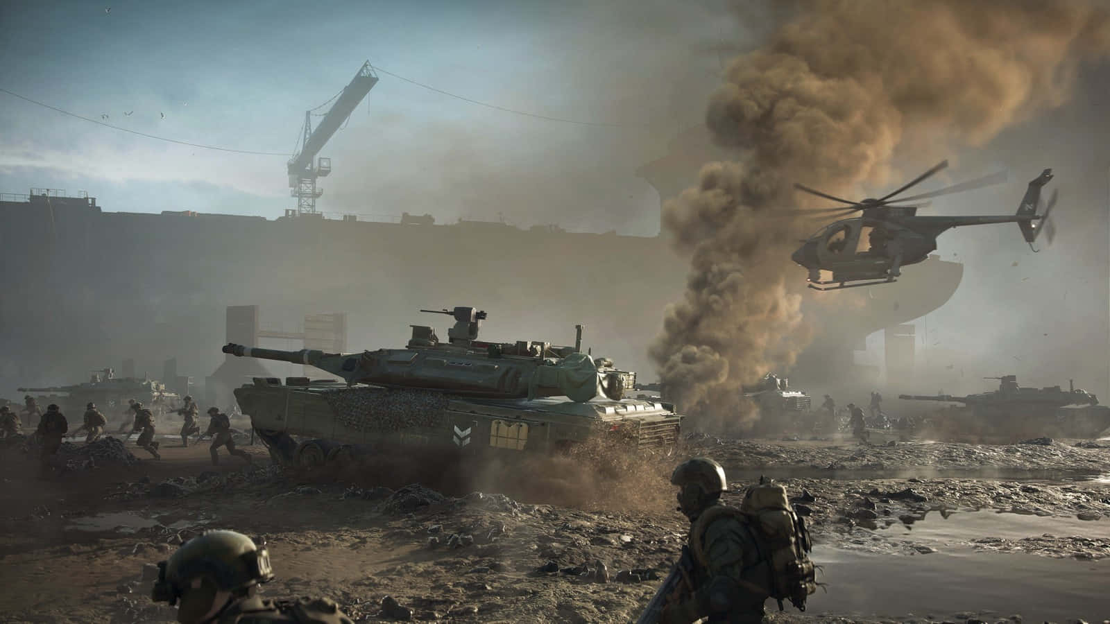 Battlefield Vehicles 桌布 壁紙 — 士兵和坦克在煙霧和瓦礫中戰鬥，直升機在飽受戰爭蹂躪的工業區上空飛過。