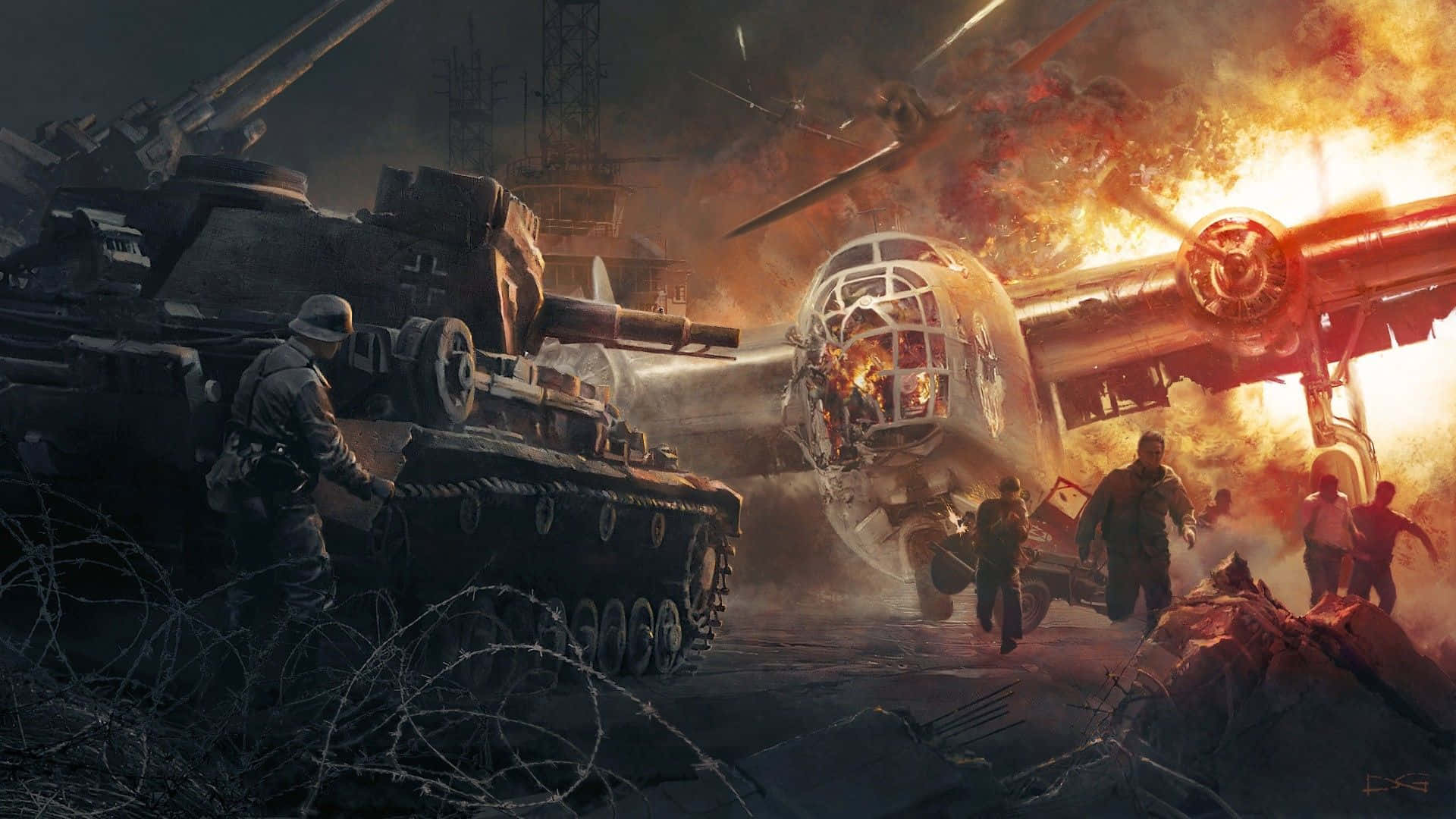 World War 2 桌布 壁紙 — 士兵和坦克在煙霧瀰漫的天空下，於墜毀飛機的燃燒殘骸中戰鬥。