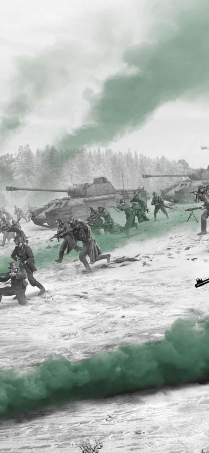 士兵和坦克在雪地森林中作戰，伴隨著綠色煙霧。 — 軍隊 壁紙