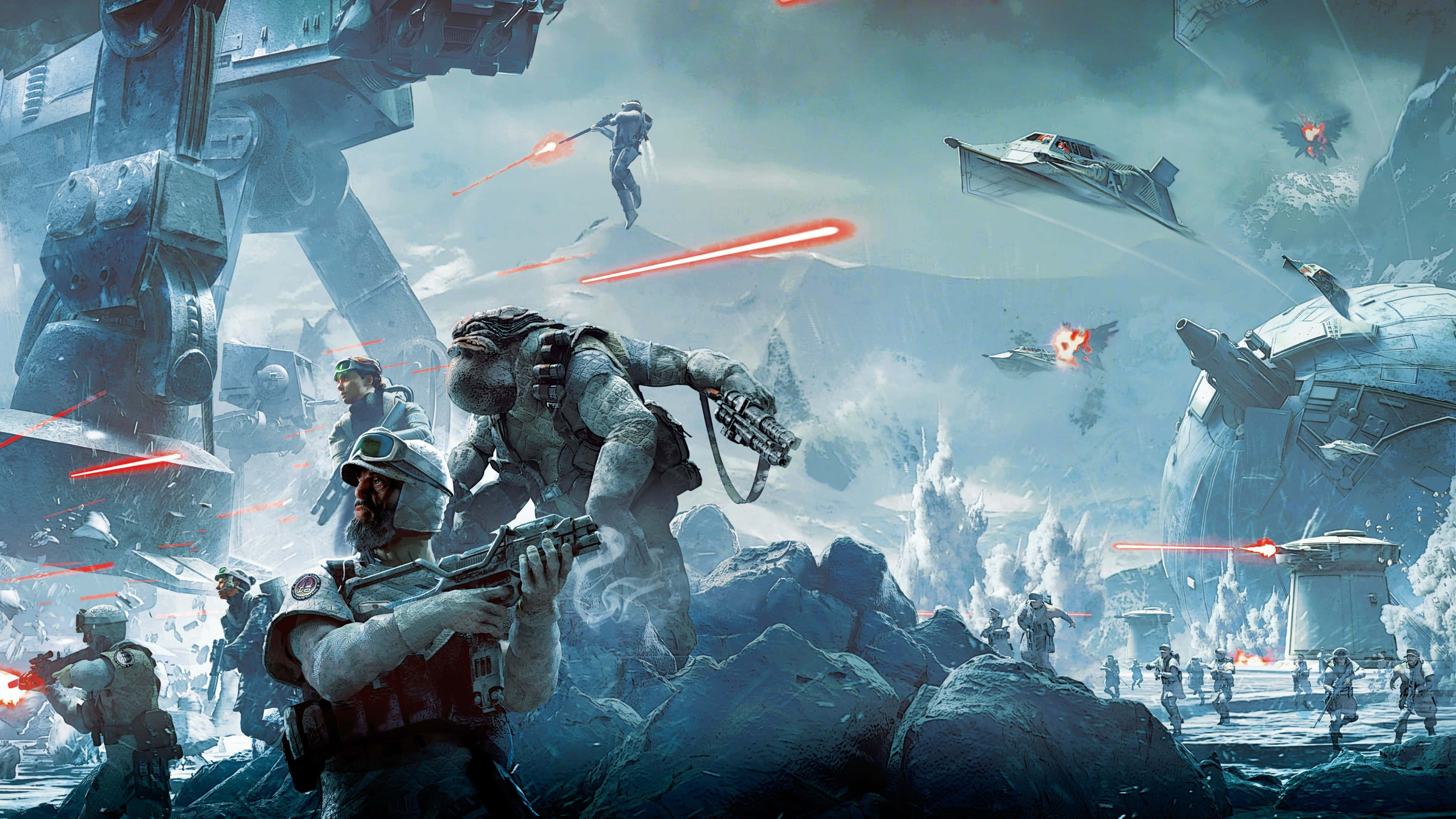 Hoth 桌布 壁紙 — 士兵和巨型步行機在冰山之間戰鬥，星際戰鬥機在暴風雨的天空中發射紅色雷射。