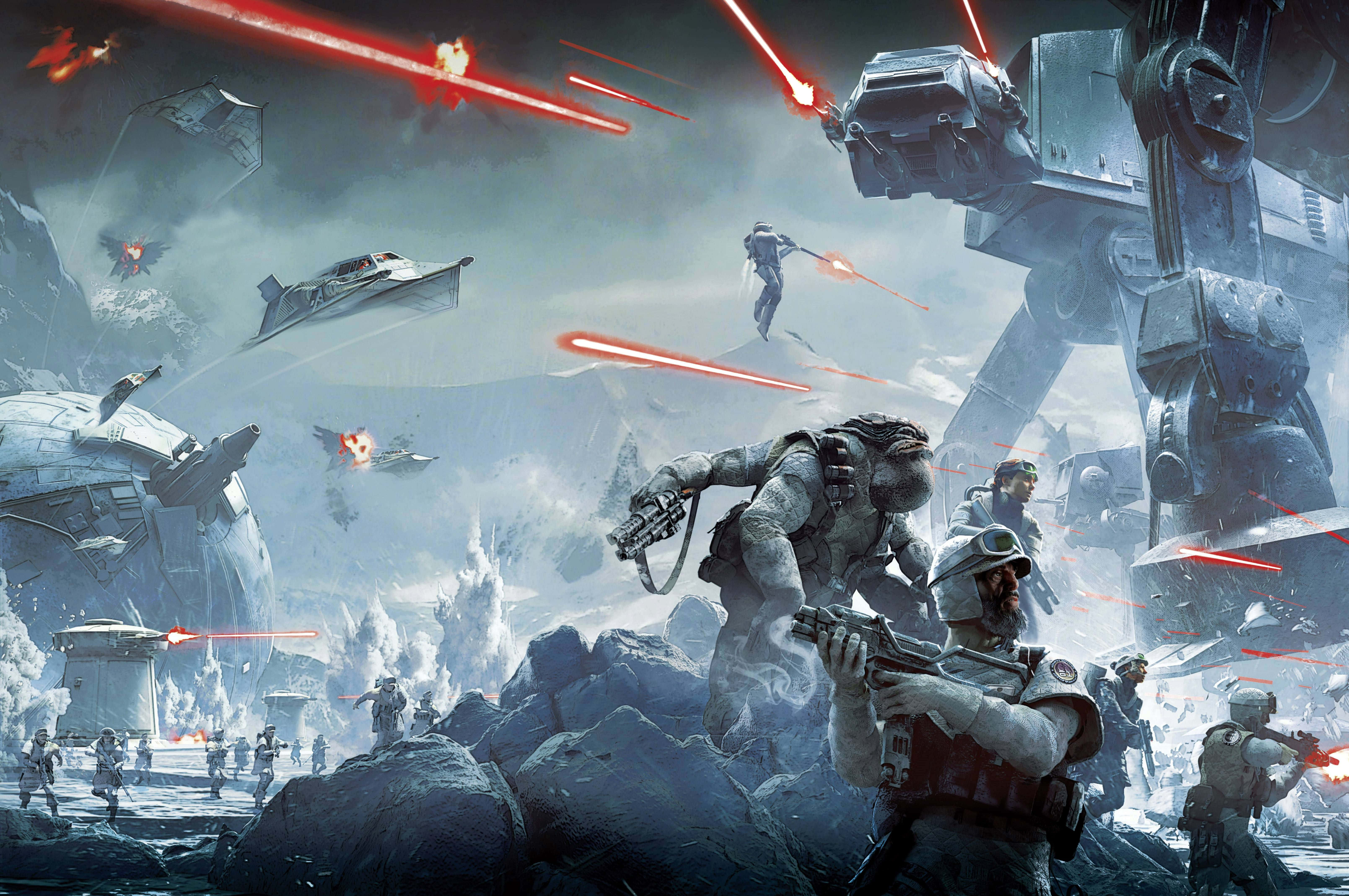 Star Wars Games 桌布 壁紙 — 士兵和巨型步行者在冰冷的殘骸中戰鬥，紅色雷射光束在雪地戰場上劃過。