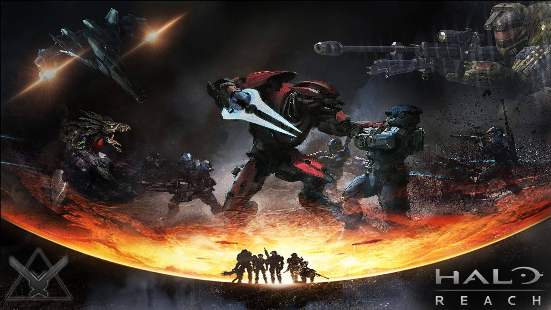 Reach 桌布 壁紙 — 士兵和裝甲戰士在Halo Reach的史詩科幻戰爭場景中，在熾熱行星和飛船之間戰鬥。