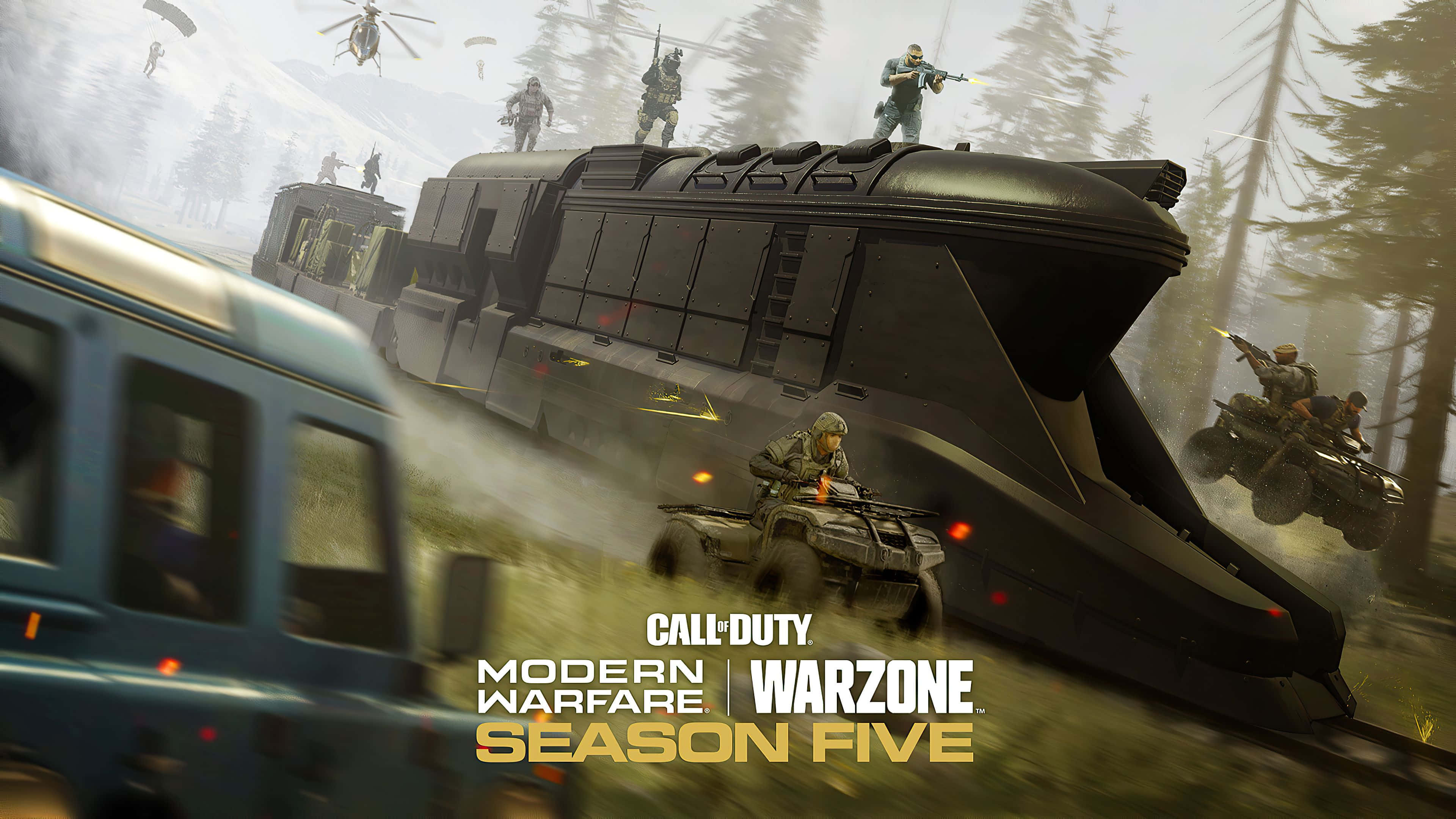 Call Of Duty Vehicles 桌布 壁紙 — 士兵在一輛巨大的裝甲車上戰鬥，穿越迷霧森林，直升機和全地形車參與混亂的戰爭。